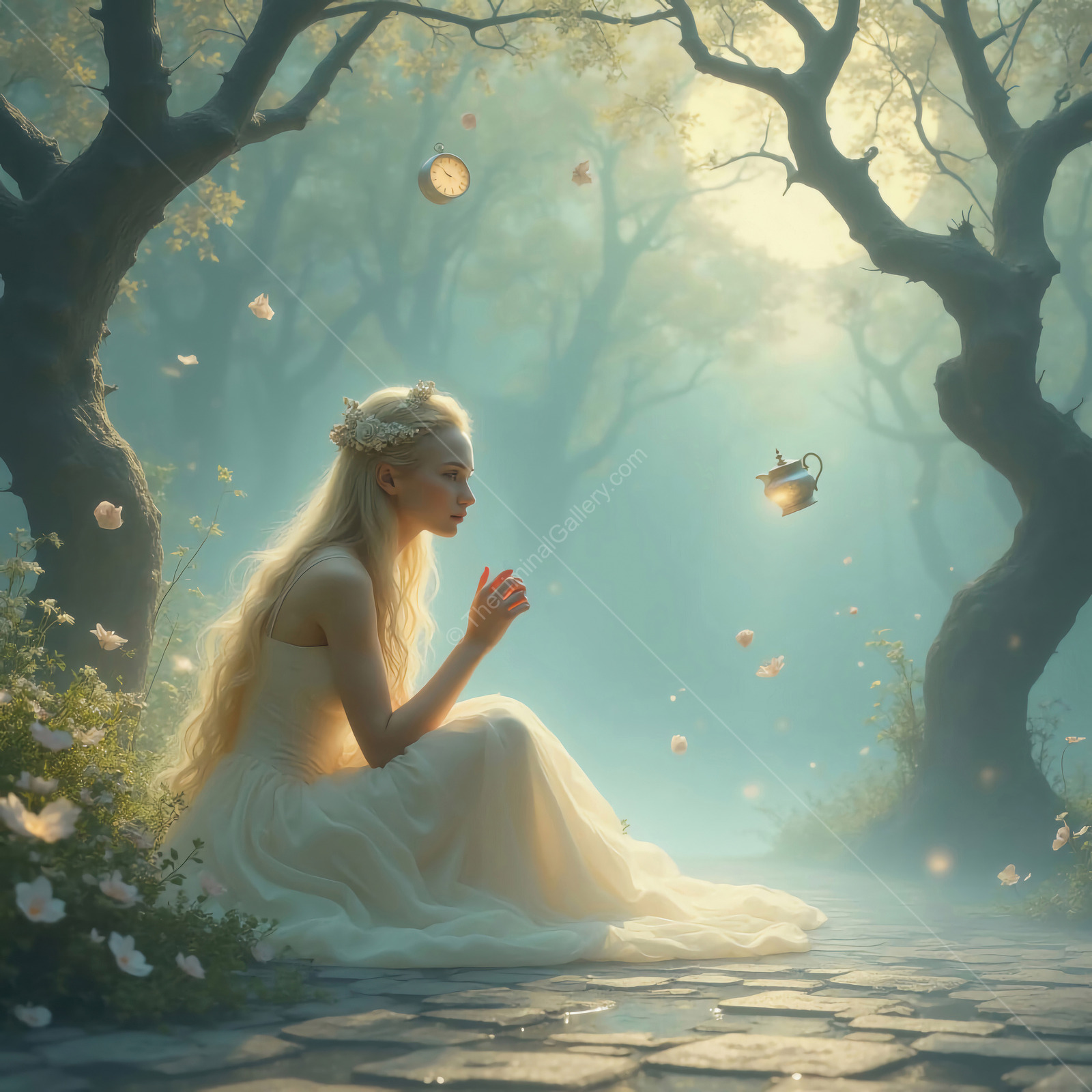 Wonderland journey through an enchanted forest with the White Queen in a flowing gown surrounded by magical elements