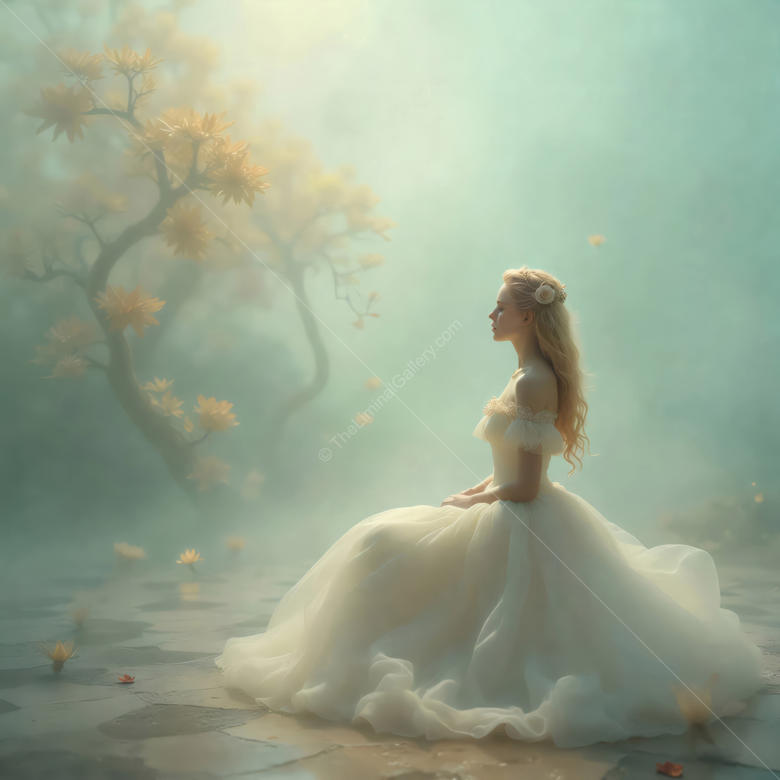 Wonderland dreamscape with a serene White Queen surrounded by mist and ethereal blooms