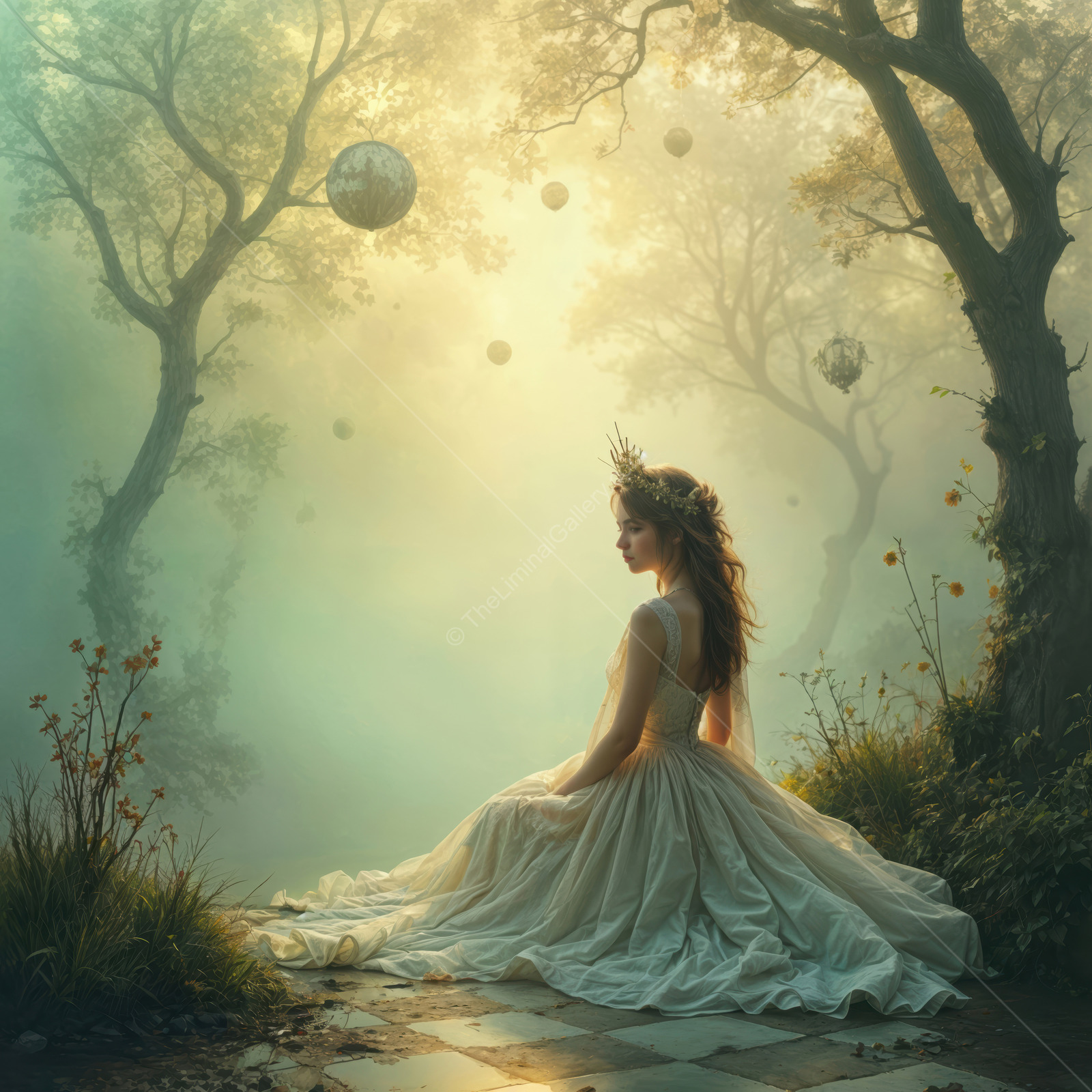Whimsical forest scene with a dreamy White Queen in a flowing dress surrounded by mist and floating orbs of light