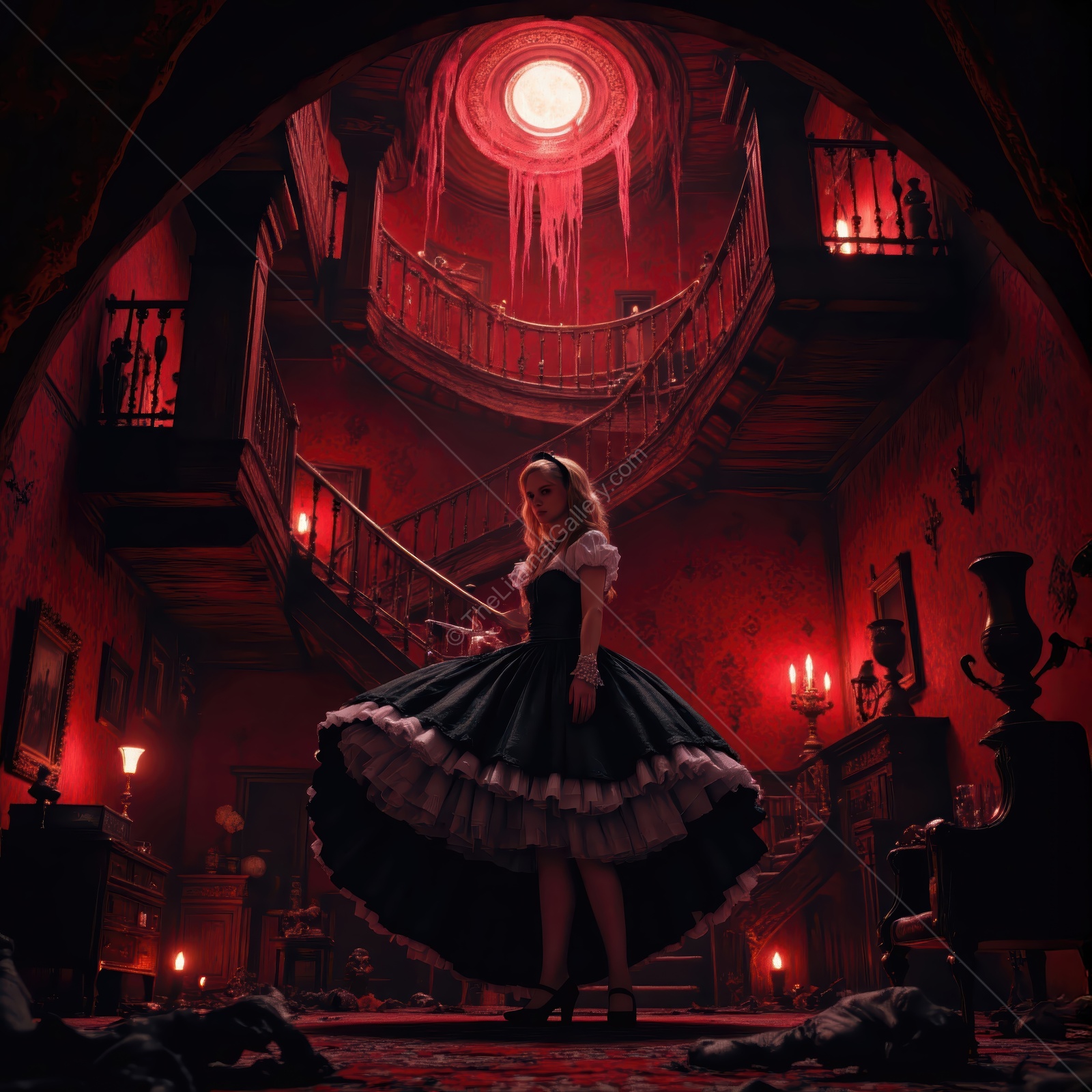 Wonderland comes alive in a mysterious red palace filled with shadows and secrets as Alice in a vintage dress explores the strange world around her