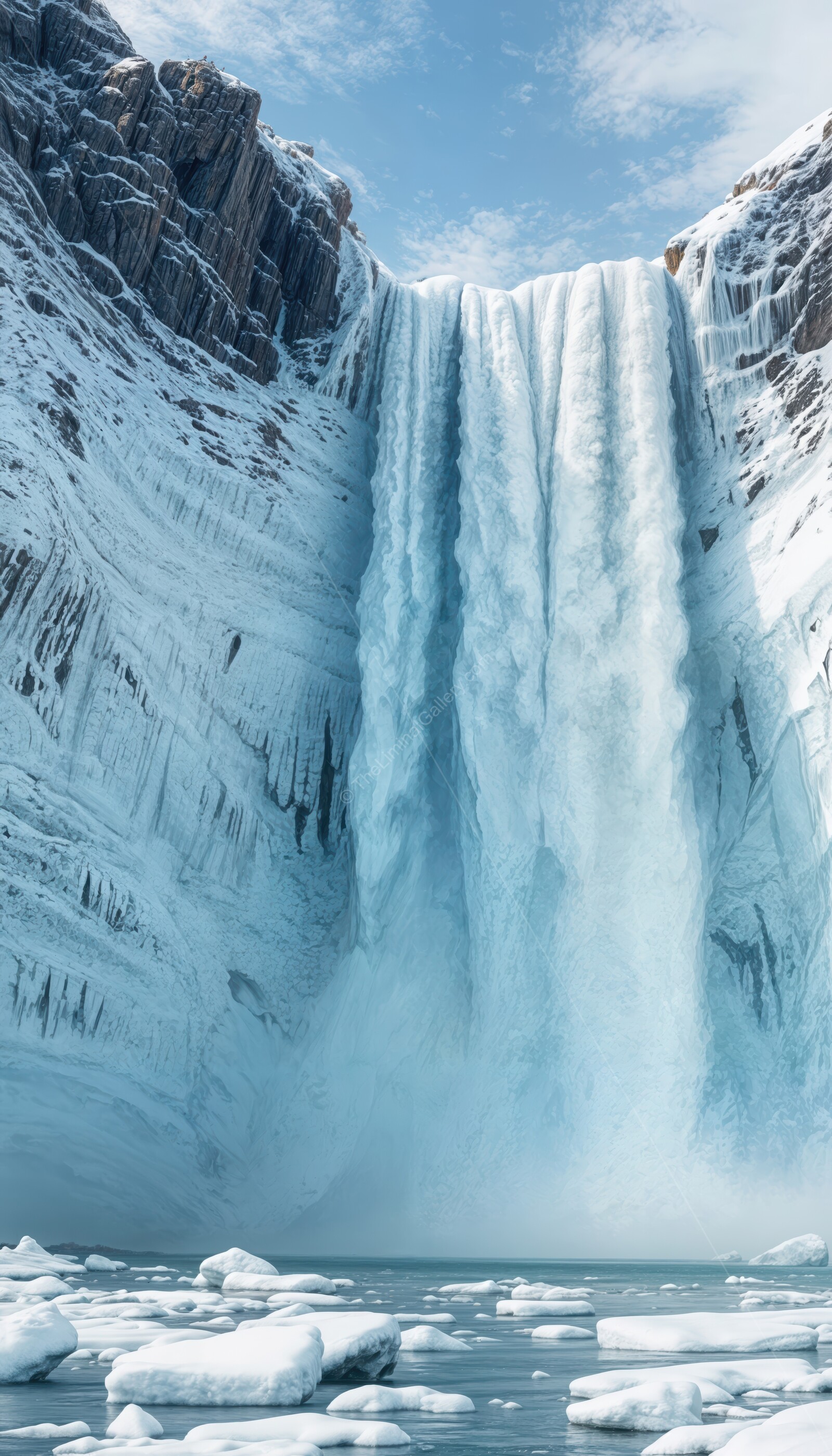 Majestic waterfall cascades through arctic landscape under bright blue sky surrounded by icy terrain