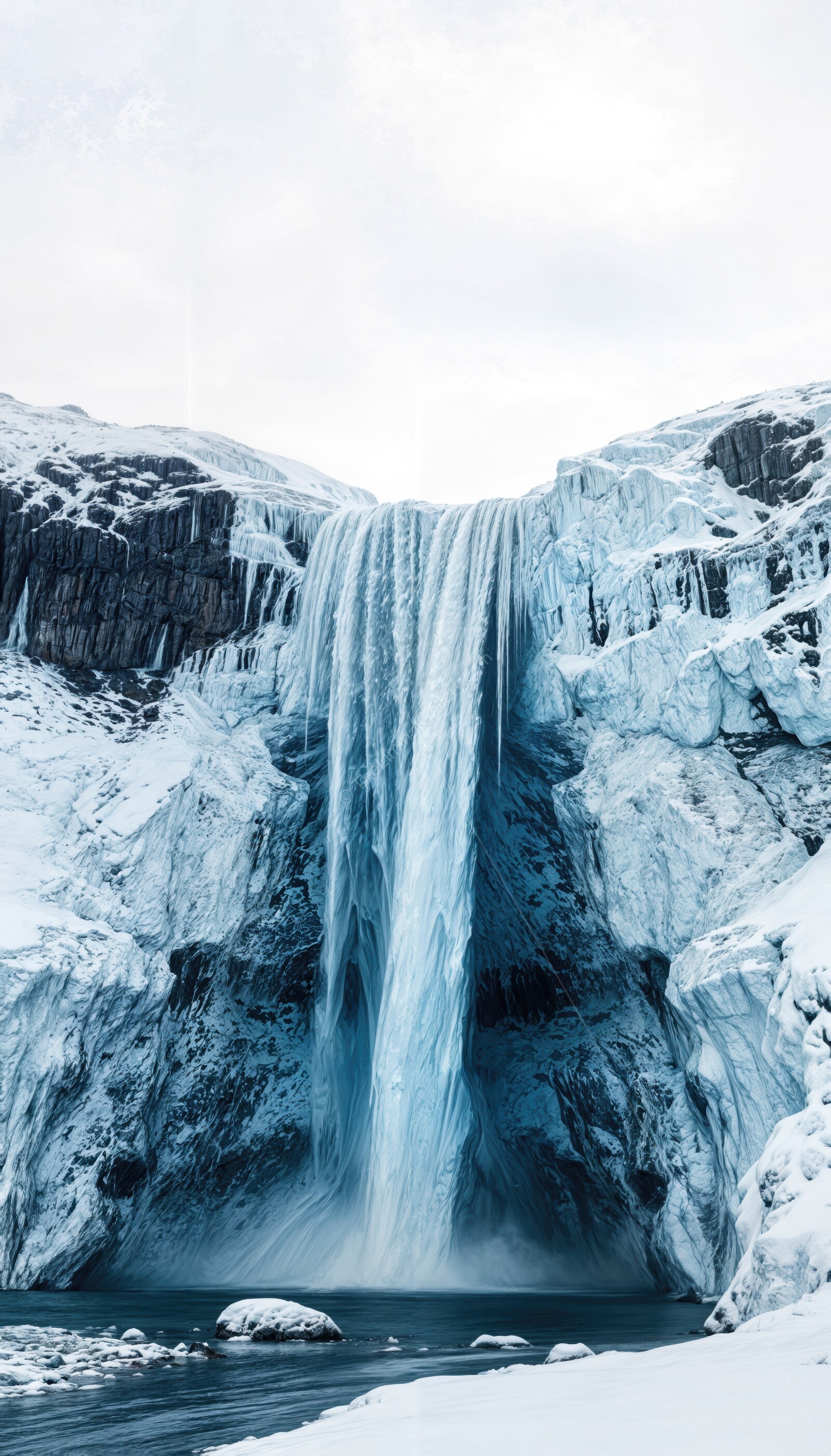 Liminal waterfall cascades down icy cliffs in a breathtaking arctic landscape