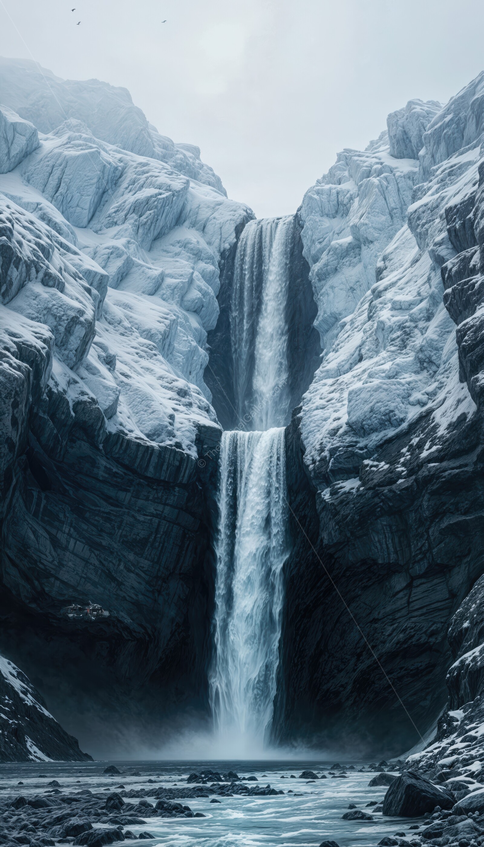 Grand waterfall cascades through icy cliffs in the Arctic wilderness