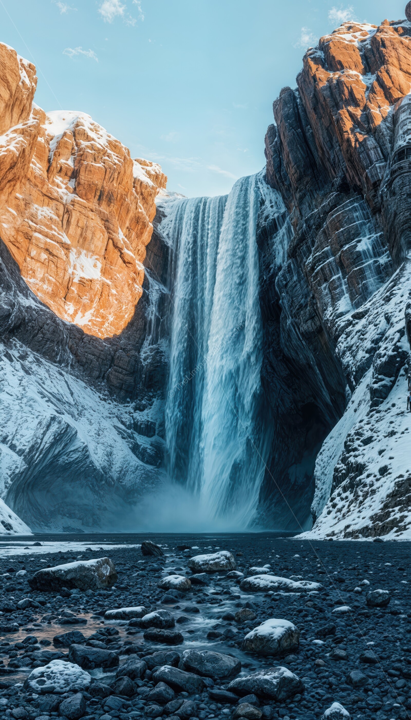 Awesome waterfall cascading down rocky cliffs in the arctic landscape