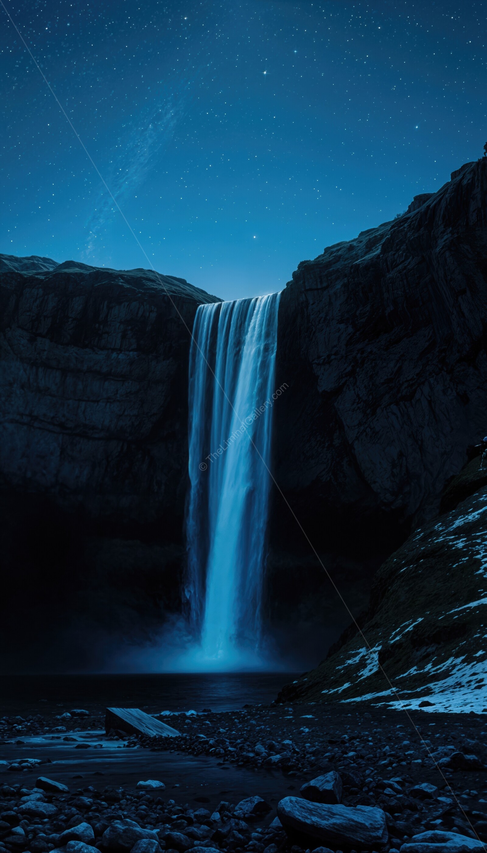 Magnificent arctic waterfall illuminated by stars in a serene night landscape