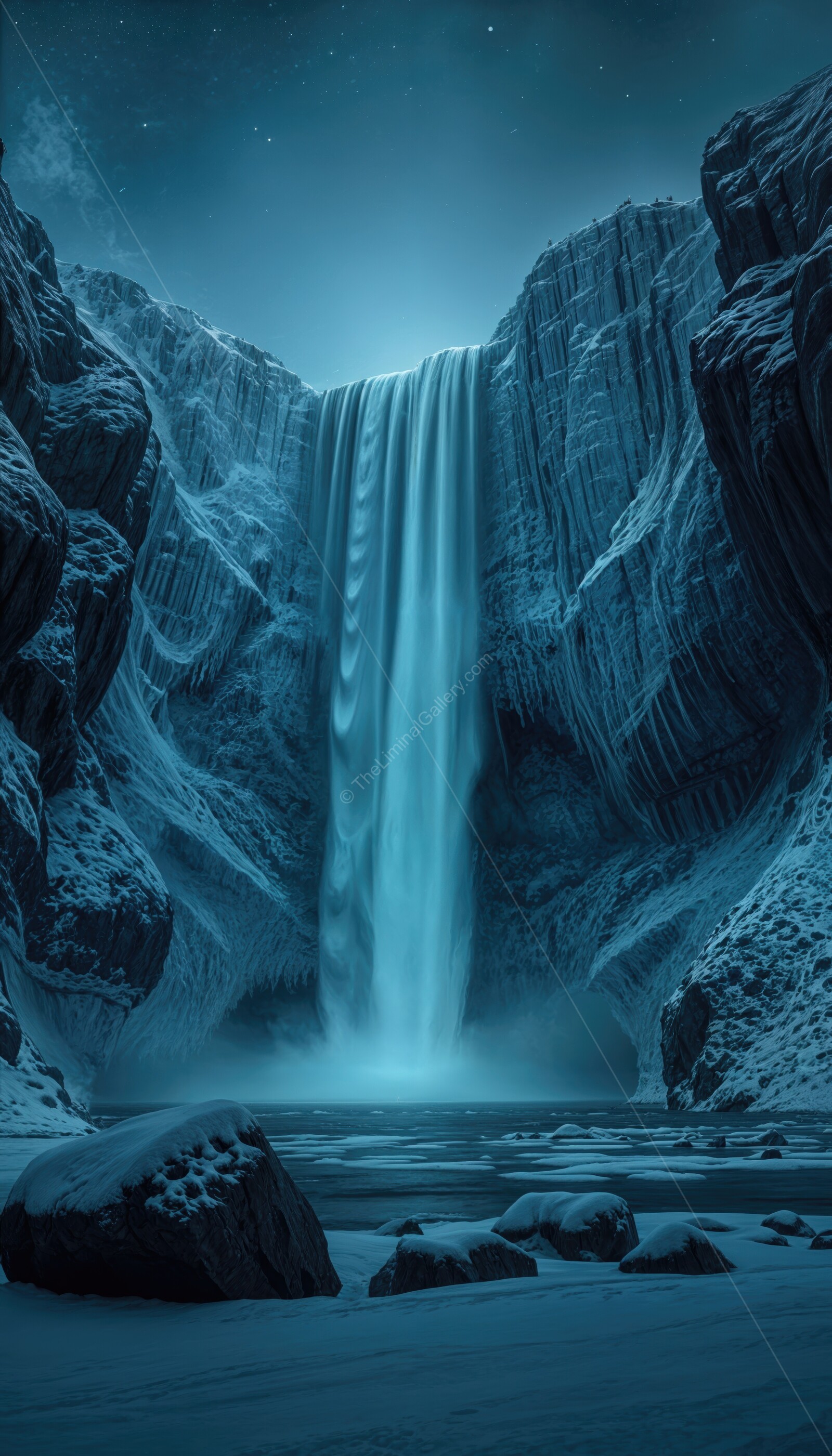 Liminal arctic waterfall illuminated by moonlight amidst towering ice cliffs