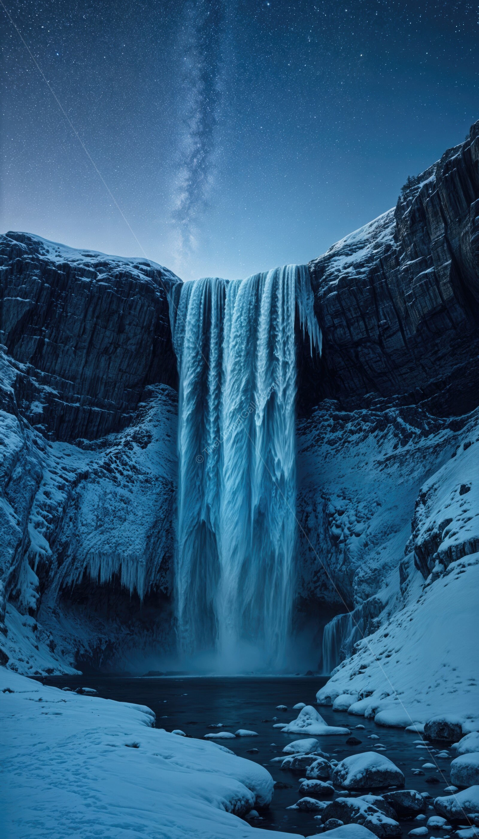 Arctic waterfall cascades through icy cliffs under a starry sky at dusk