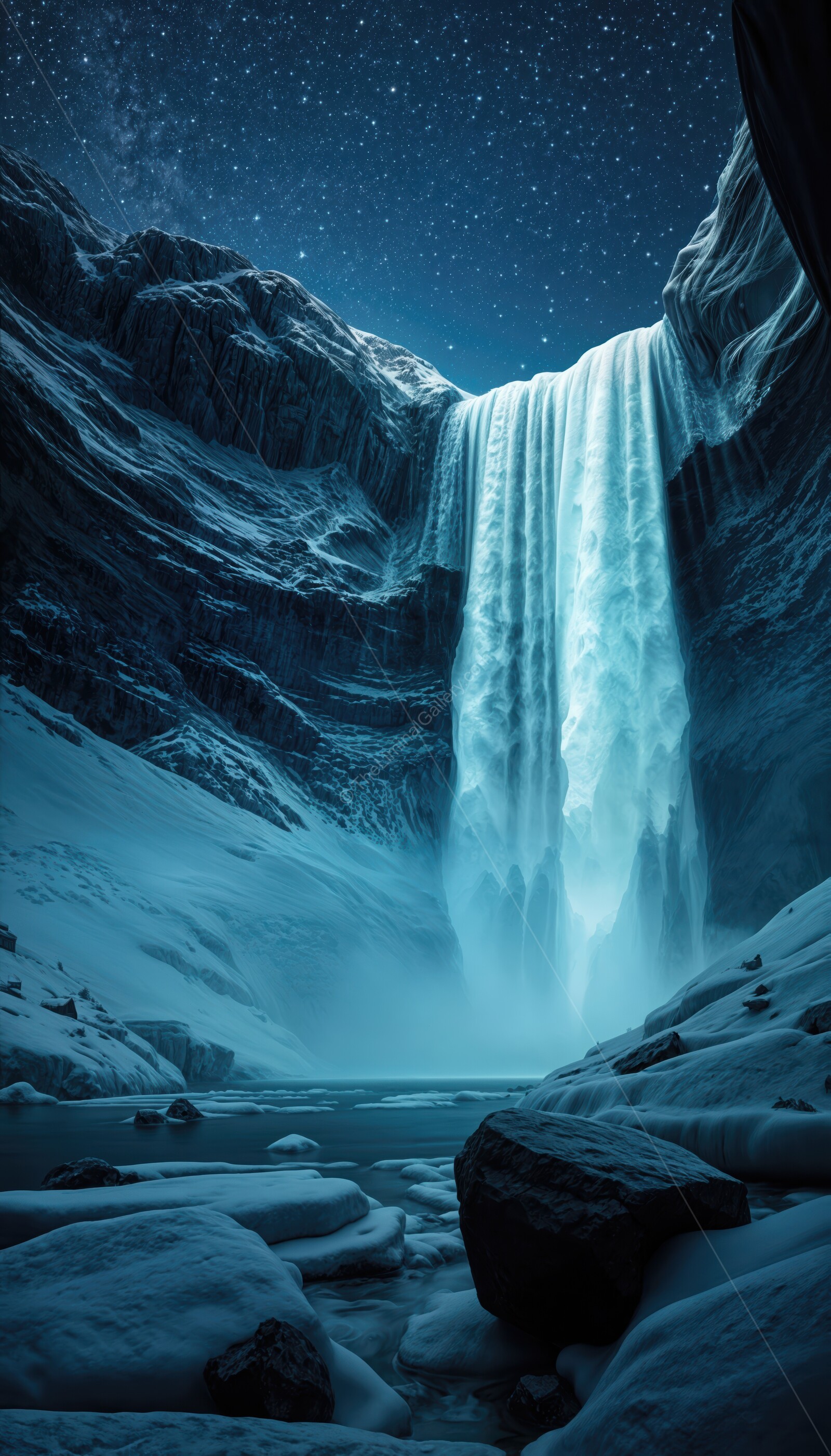 Beautiful waterfall cascading through arctic cliffs under a starry night sky
