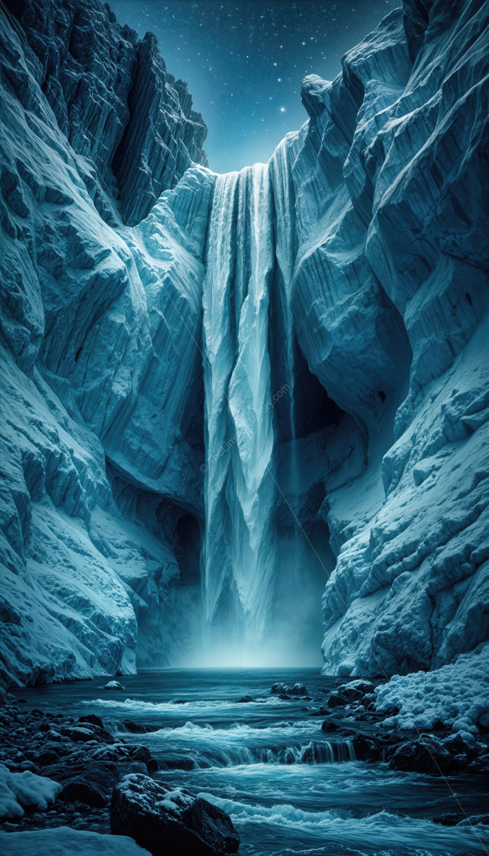 Surreal icy waterfall cascading through a snow-covered arctic canyon under a starry night
