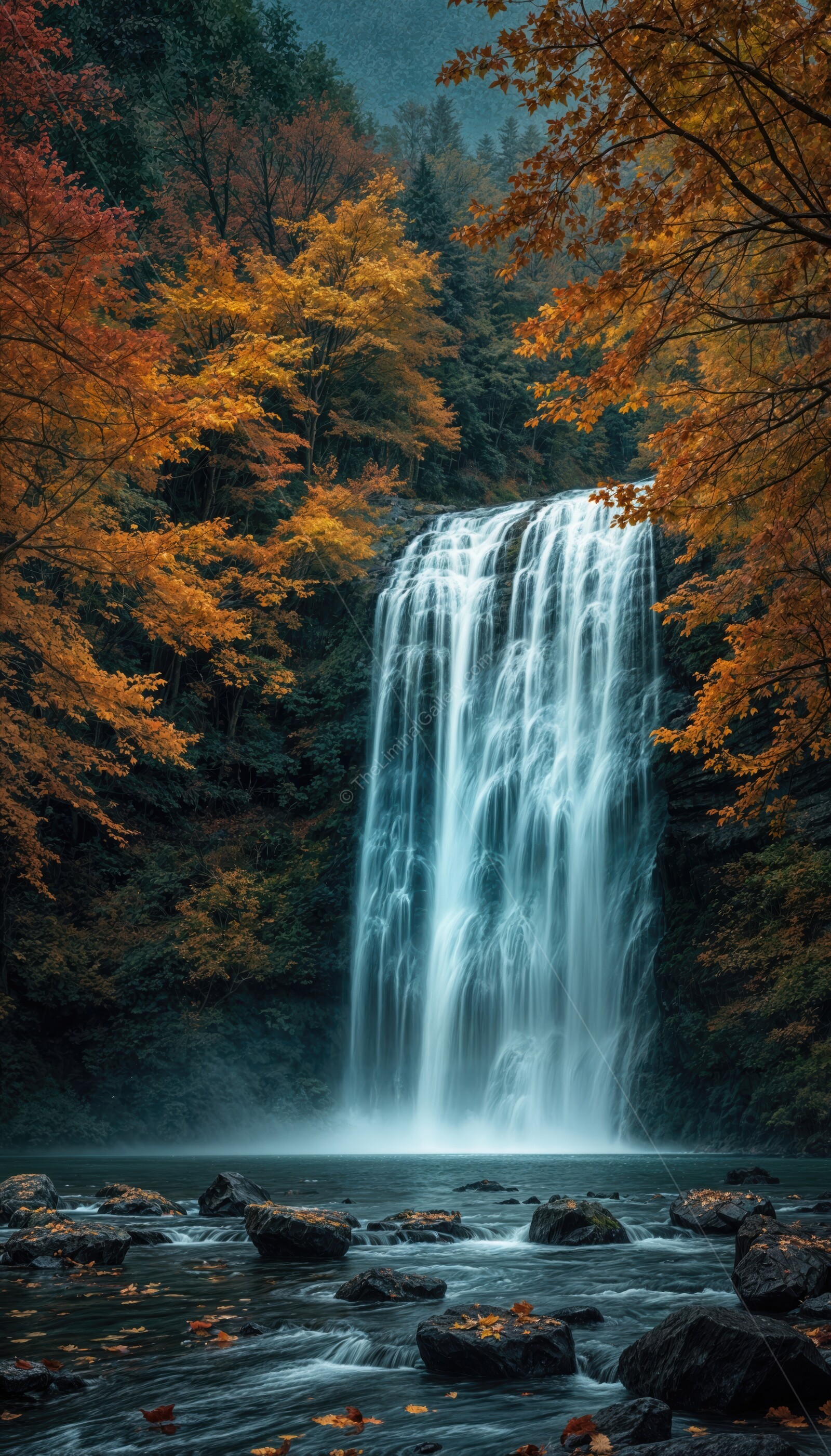 Amazing autumn waterfall cascading through vibrant foliage in a serene natural landscape
