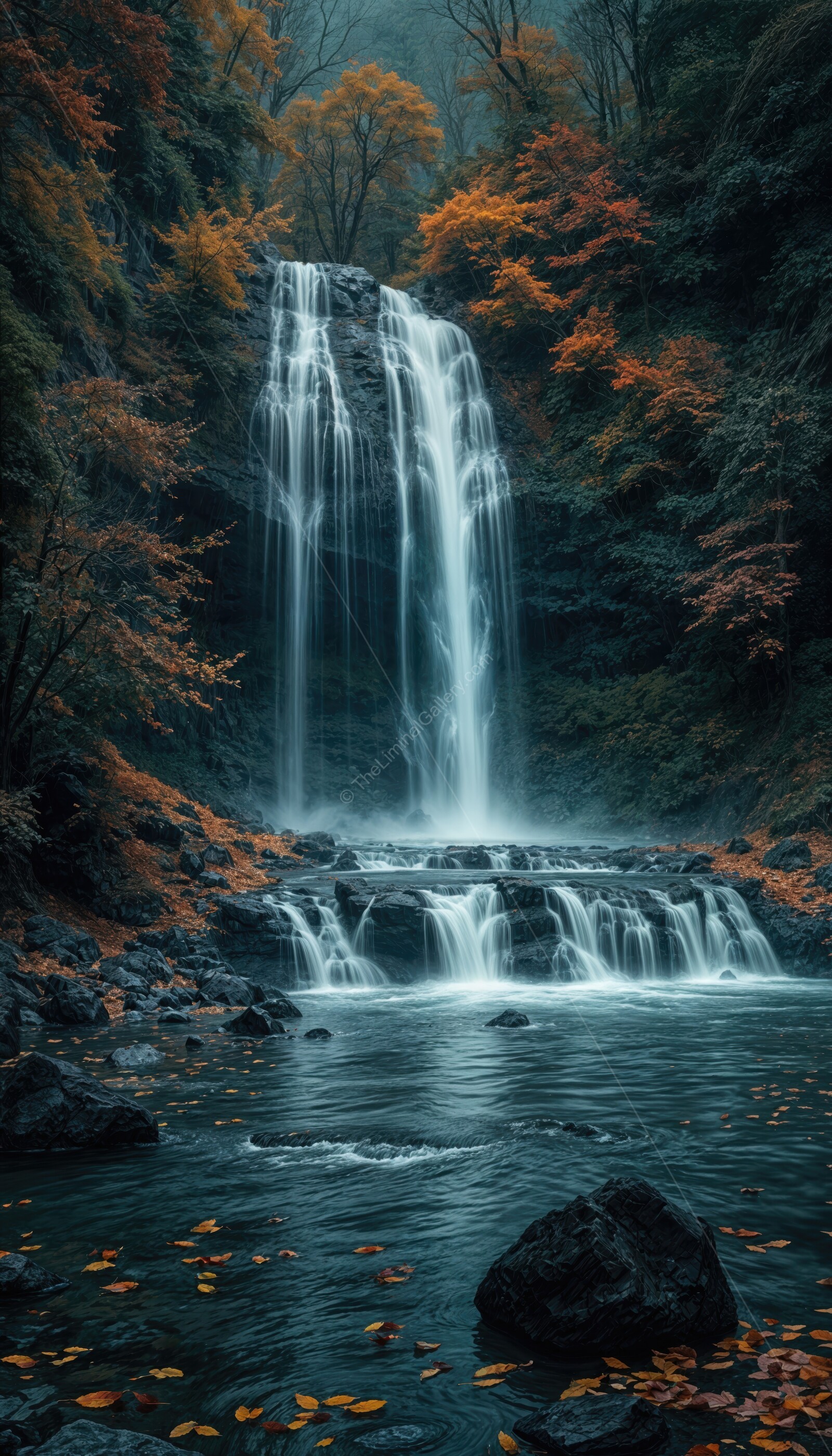 Vibrant waterfall cascading through autumn foliage at dusk in a tranquil forest setting