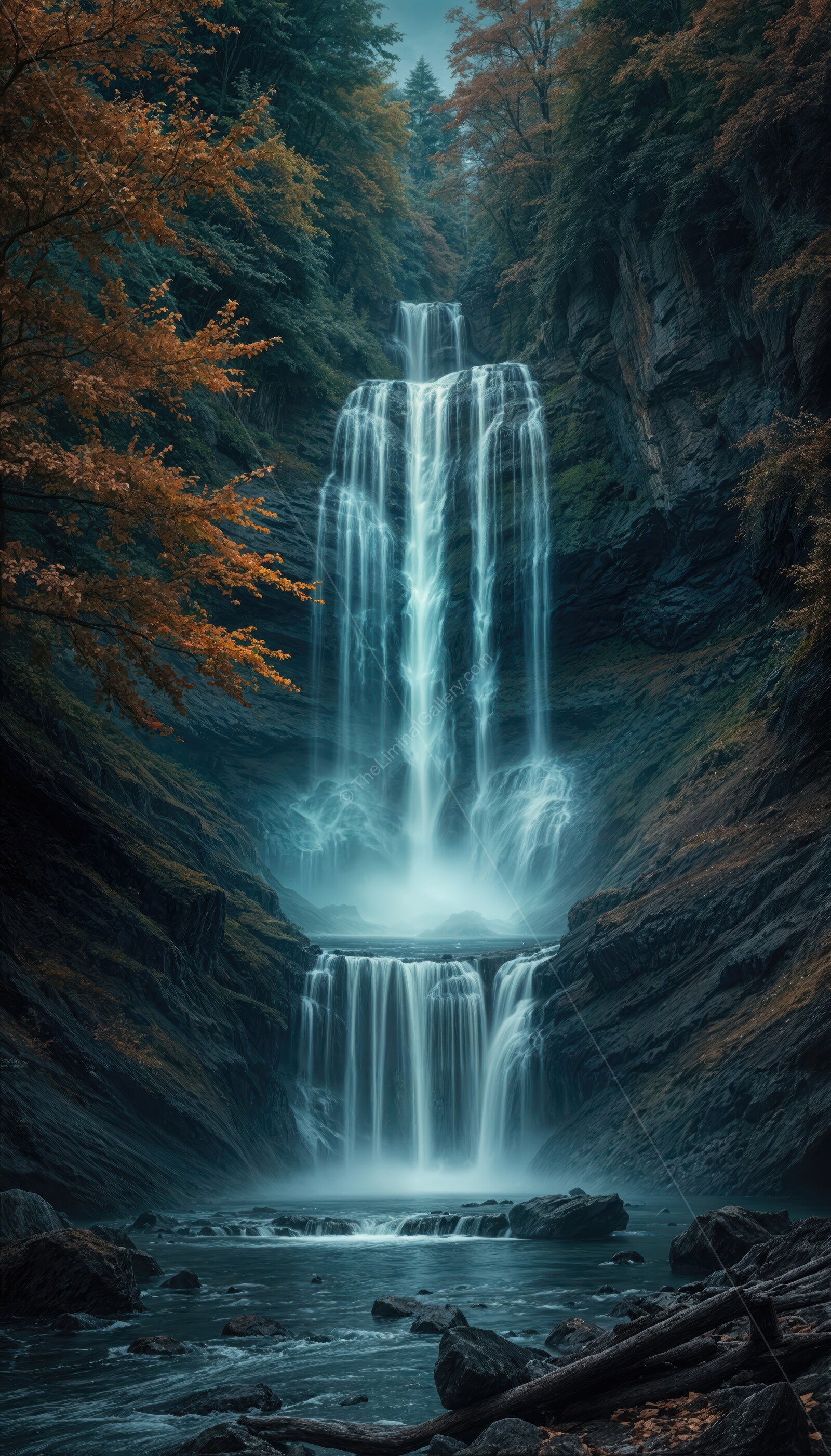Grand waterfall cascading through autumn foliage under a tranquil twilight sky