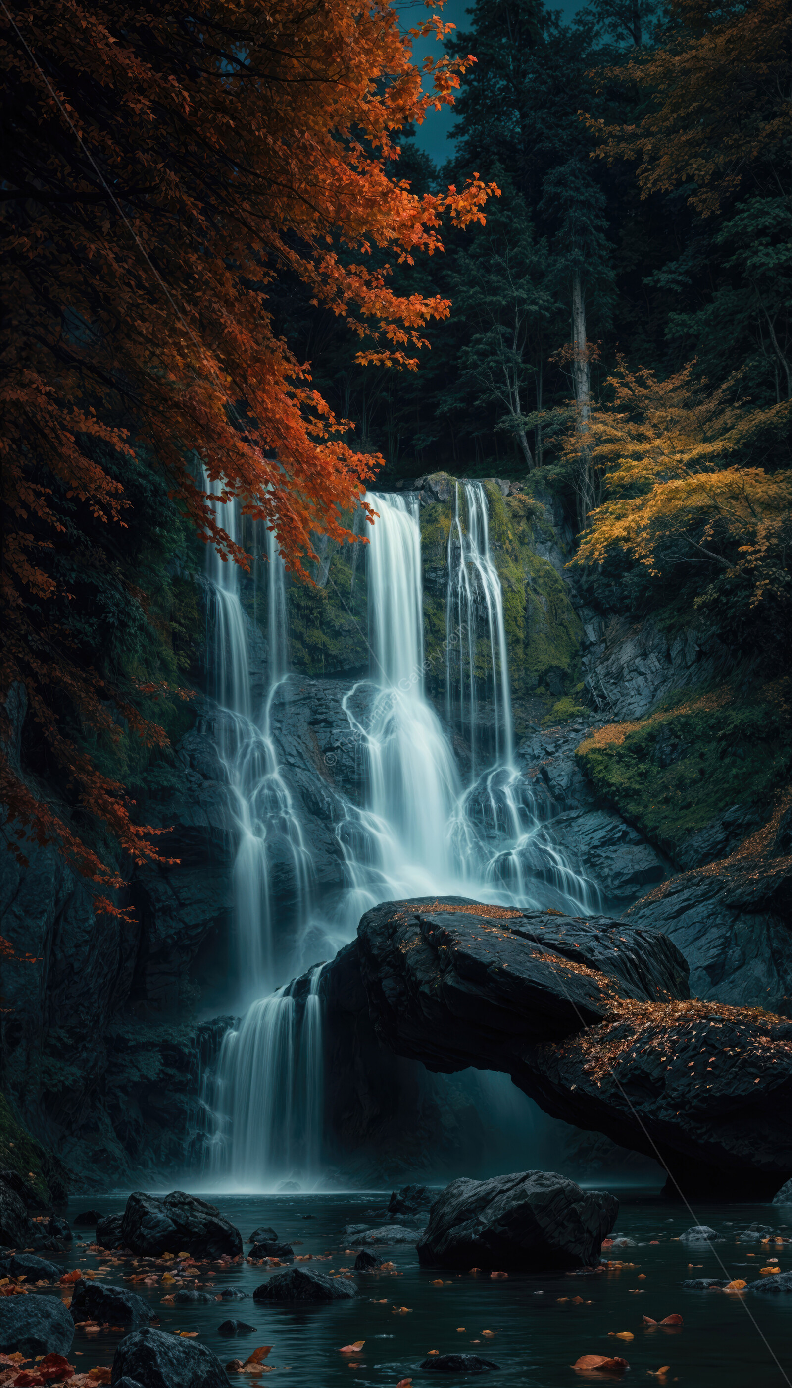 Surreal waterfall cascading through vibrant autumn foliage in an enchanting forest setting