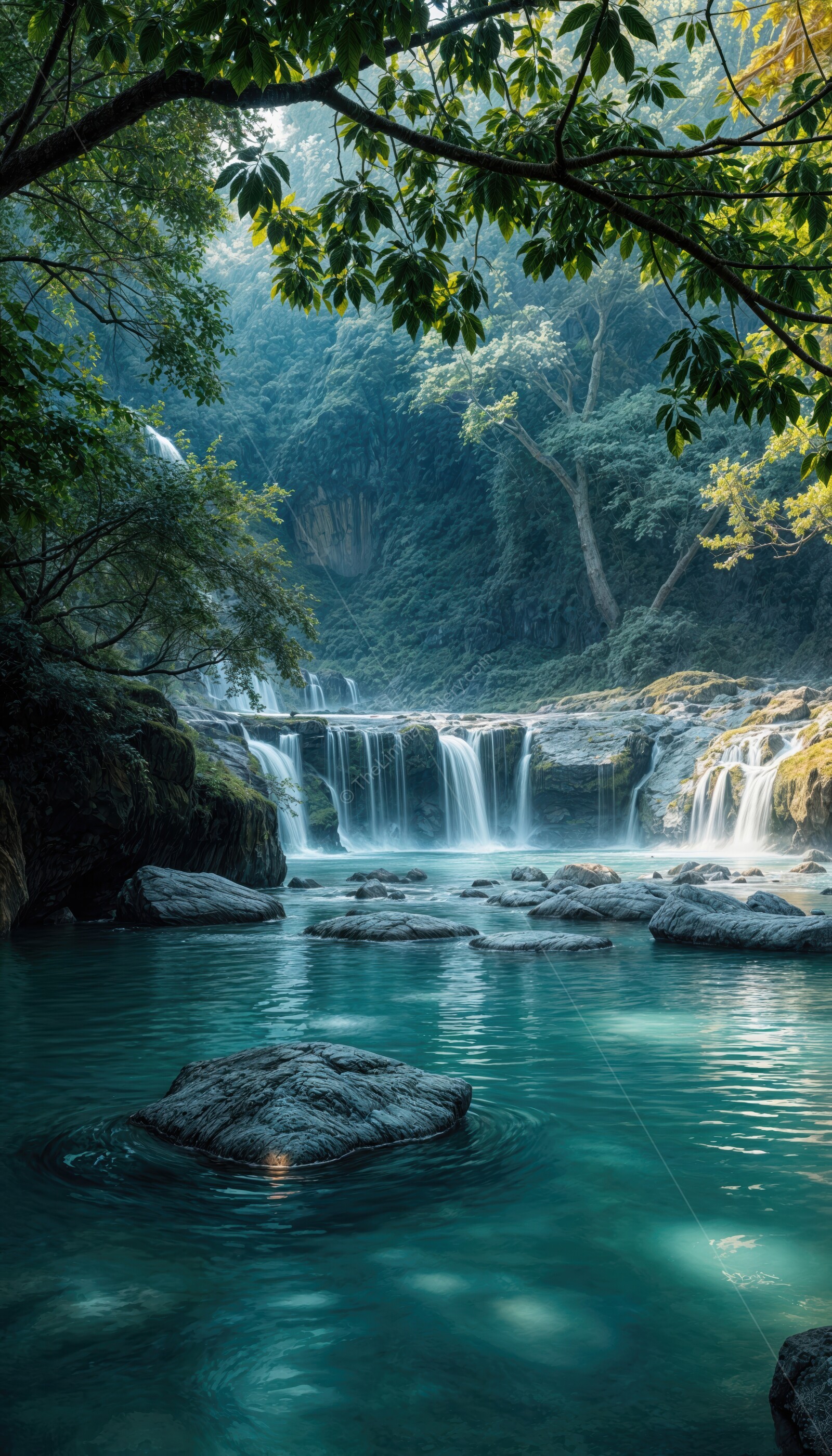 Low waterfall cascades under a serene canopy during the morning