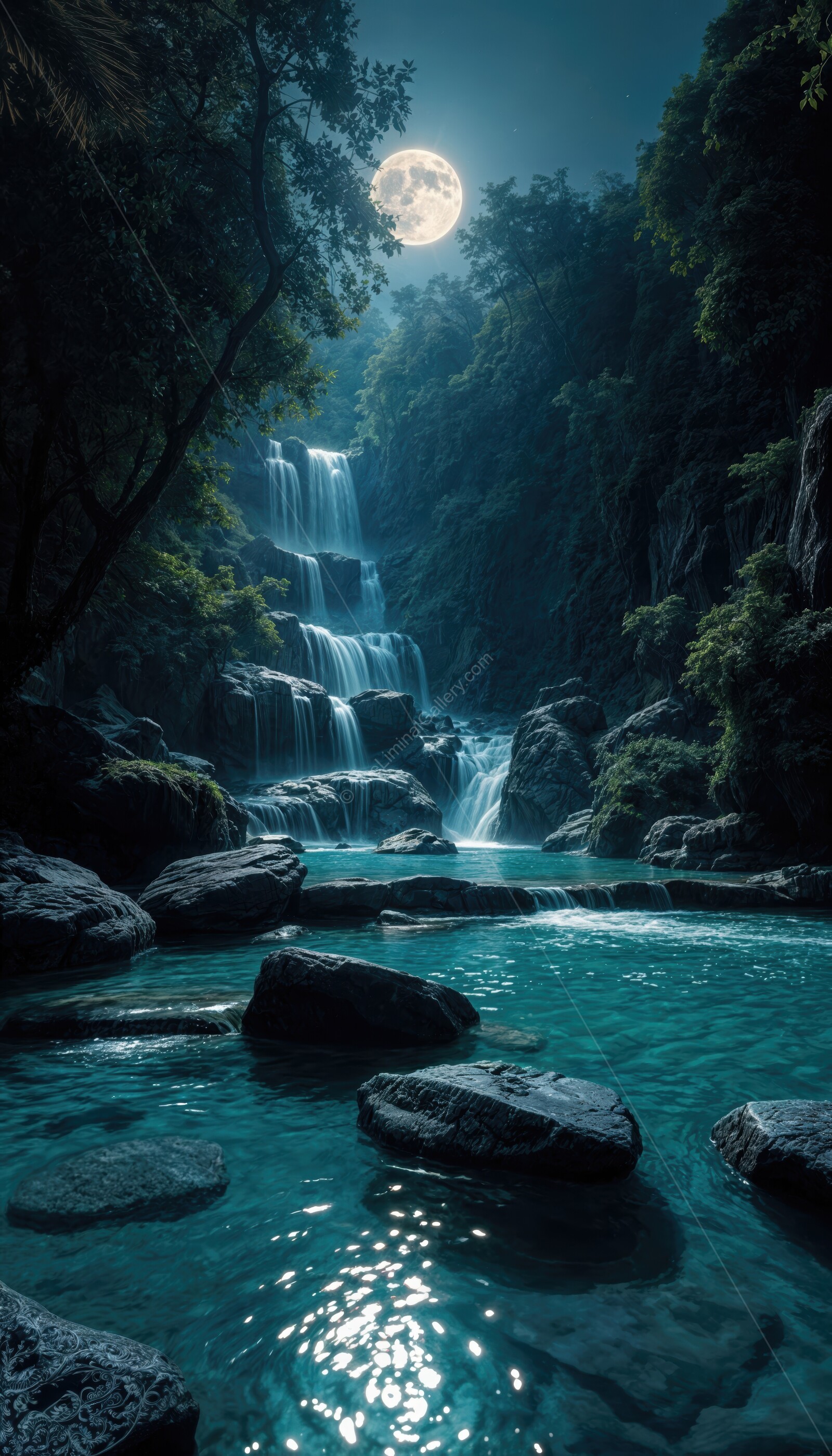 Mesmerizing waterfall cascades under a luminous moonlit sky