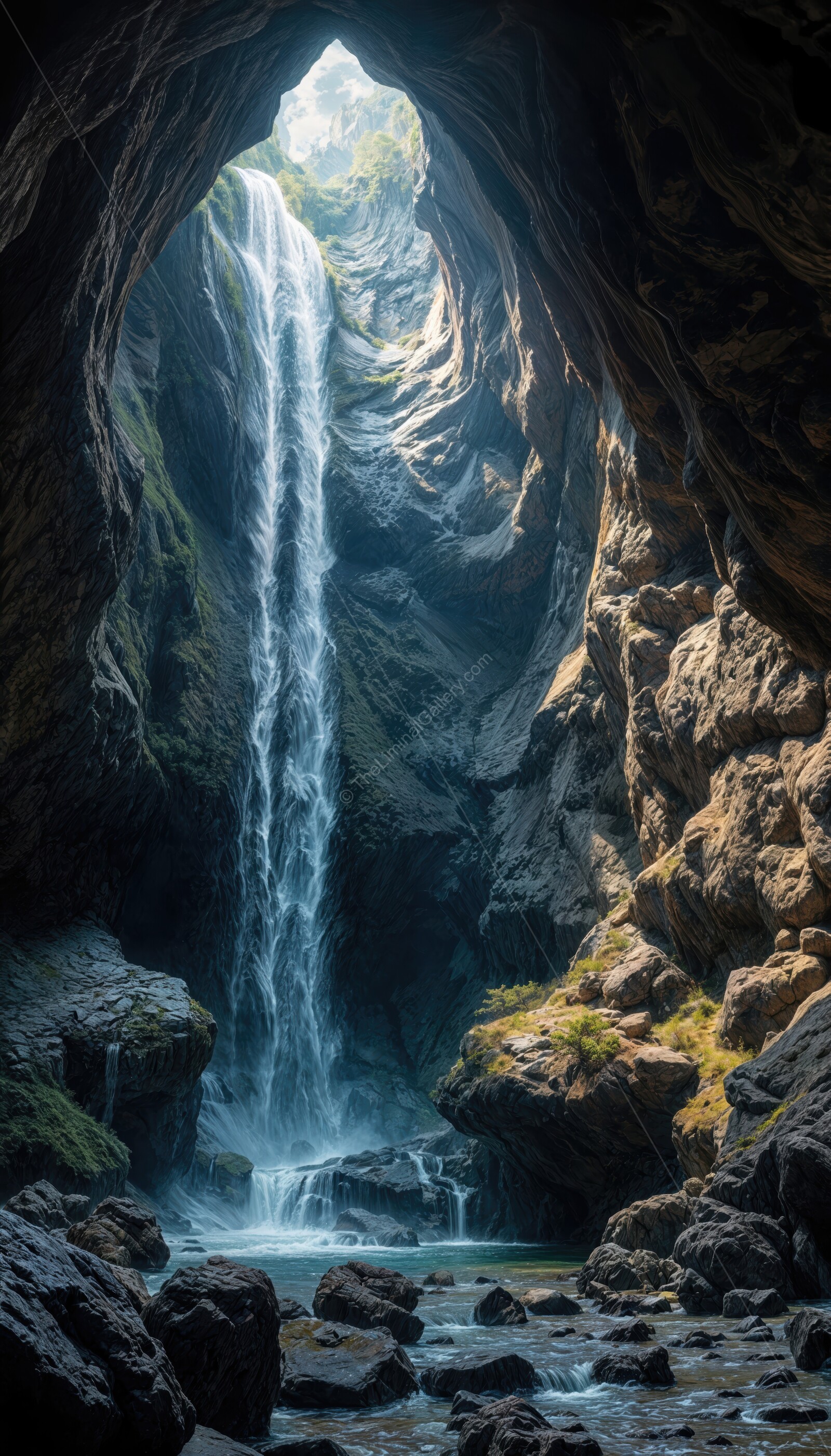 Breathtaking waterfall cascades through rugged cavern revealing nature's hidden beauty