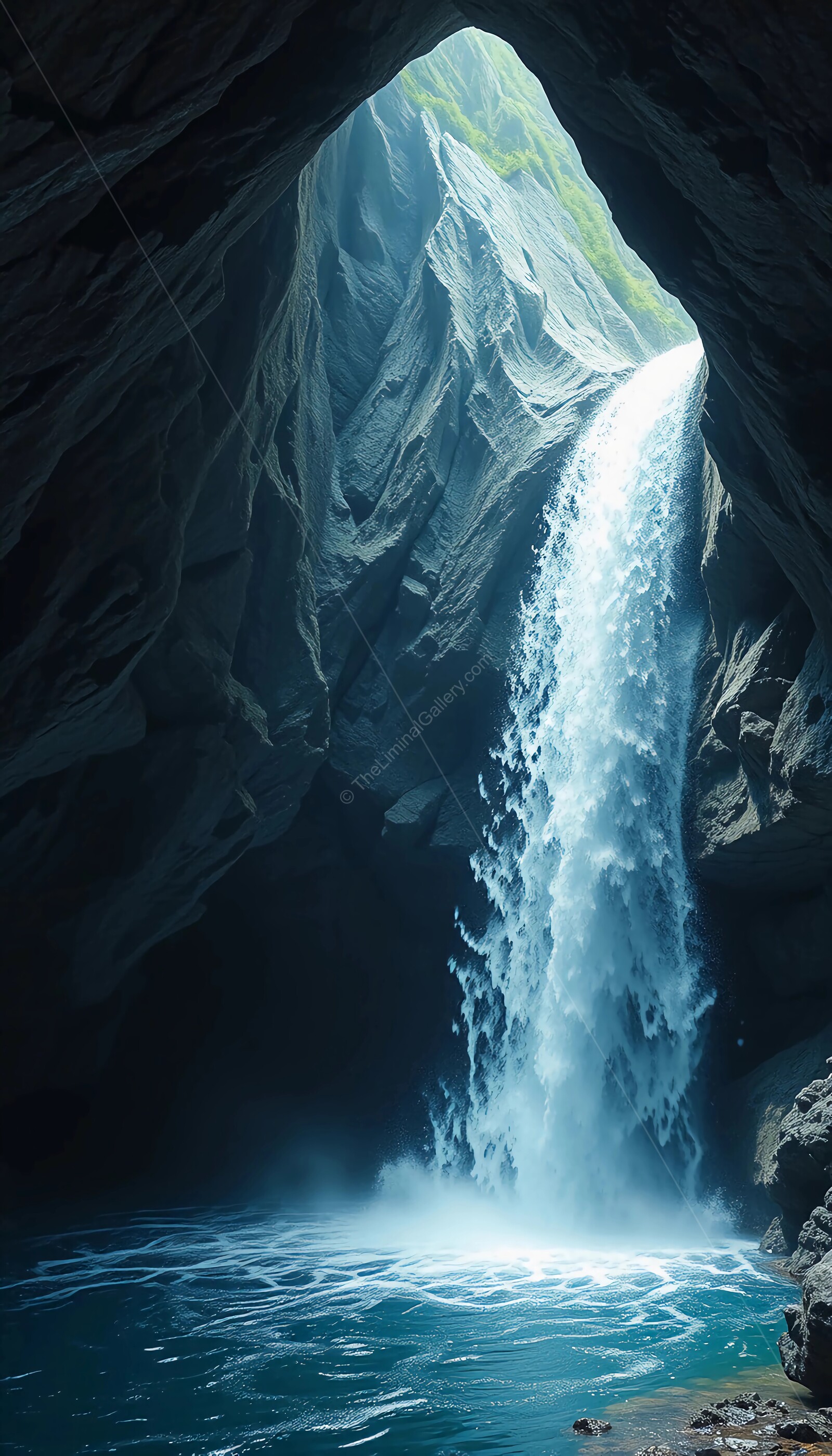 Stunning waterfall cascades into shimmering pool beneath a majestic cavern at golden hour