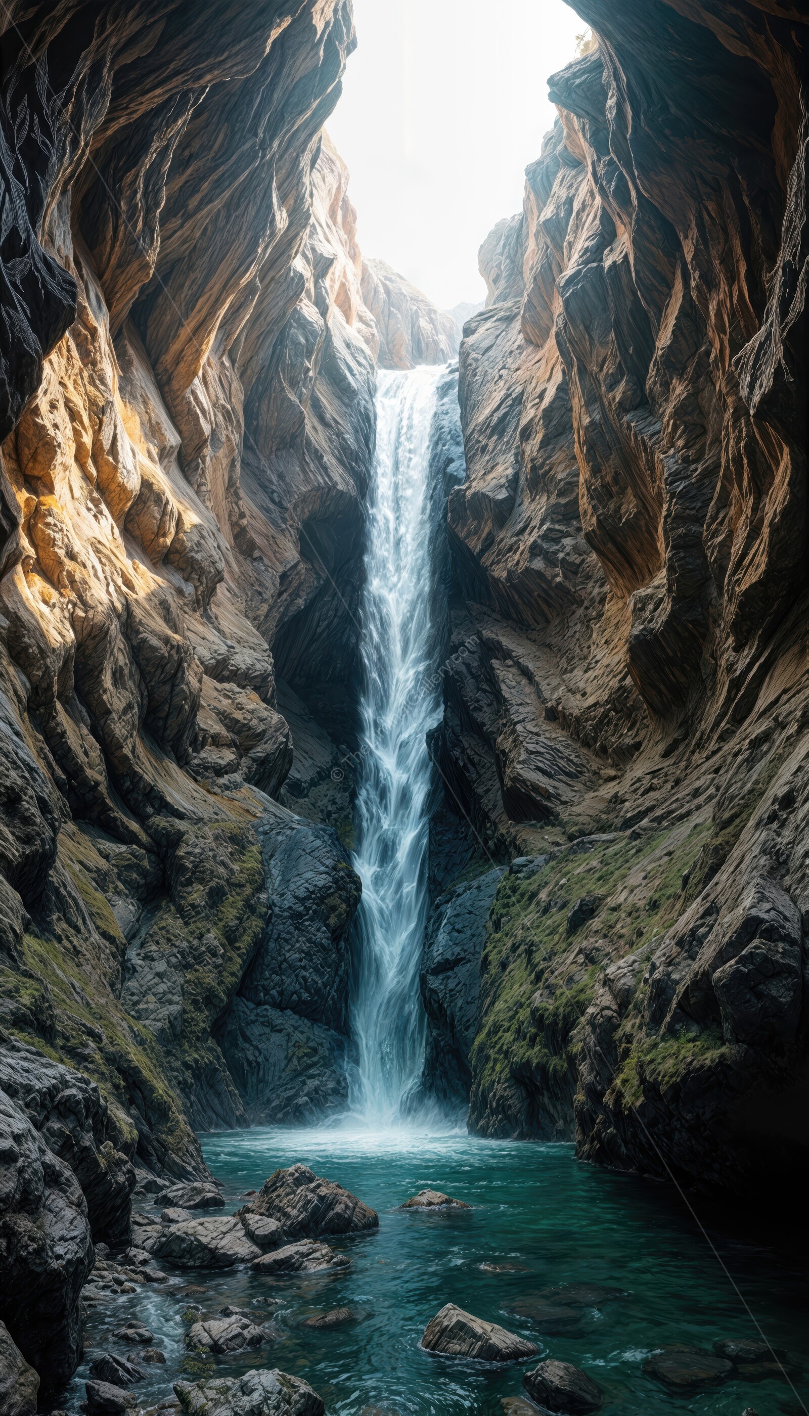 Exploring the breathtaking waterfall inside the cavern at midday on a serene summer day