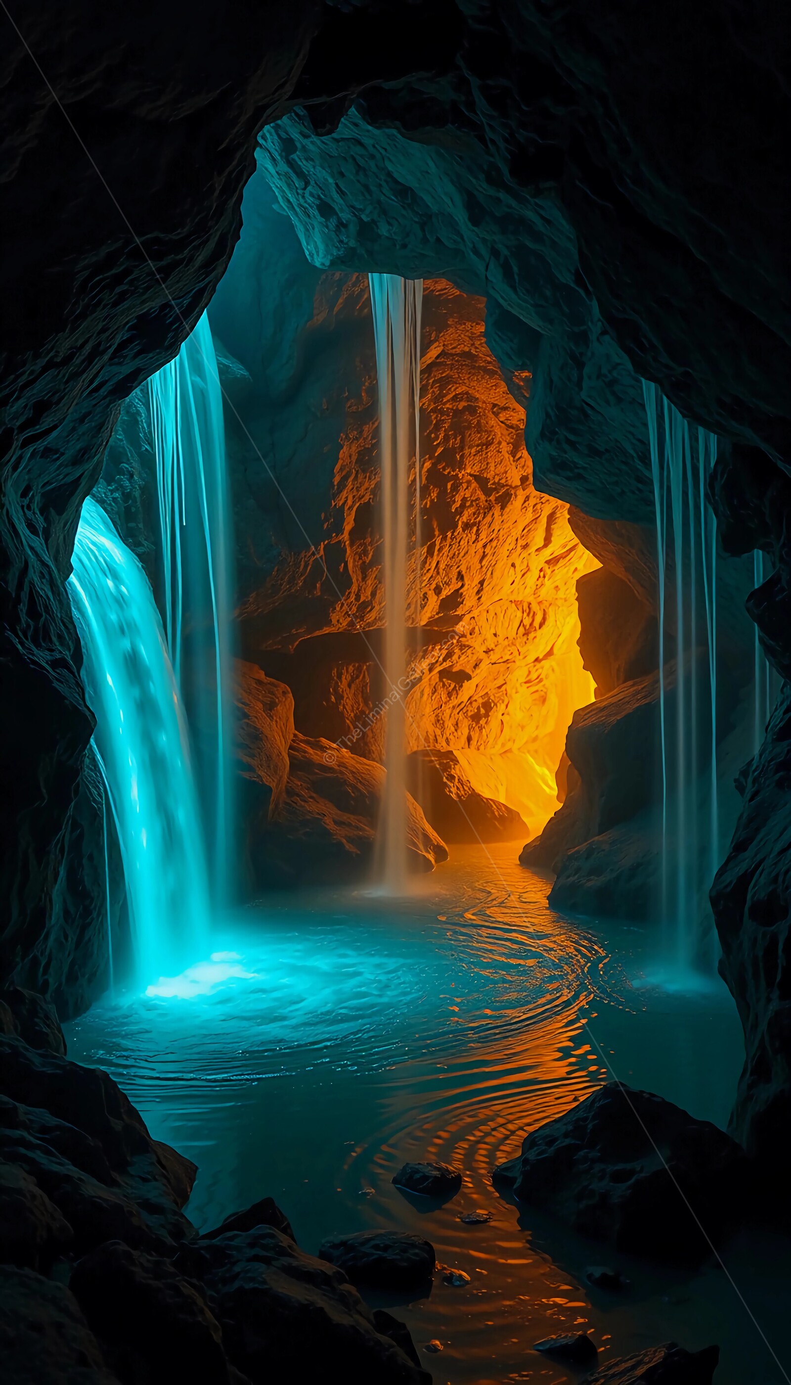 Discovering the enchanting beauty of a hidden cavern with glowing waterfalls and tranquil waters at sunset