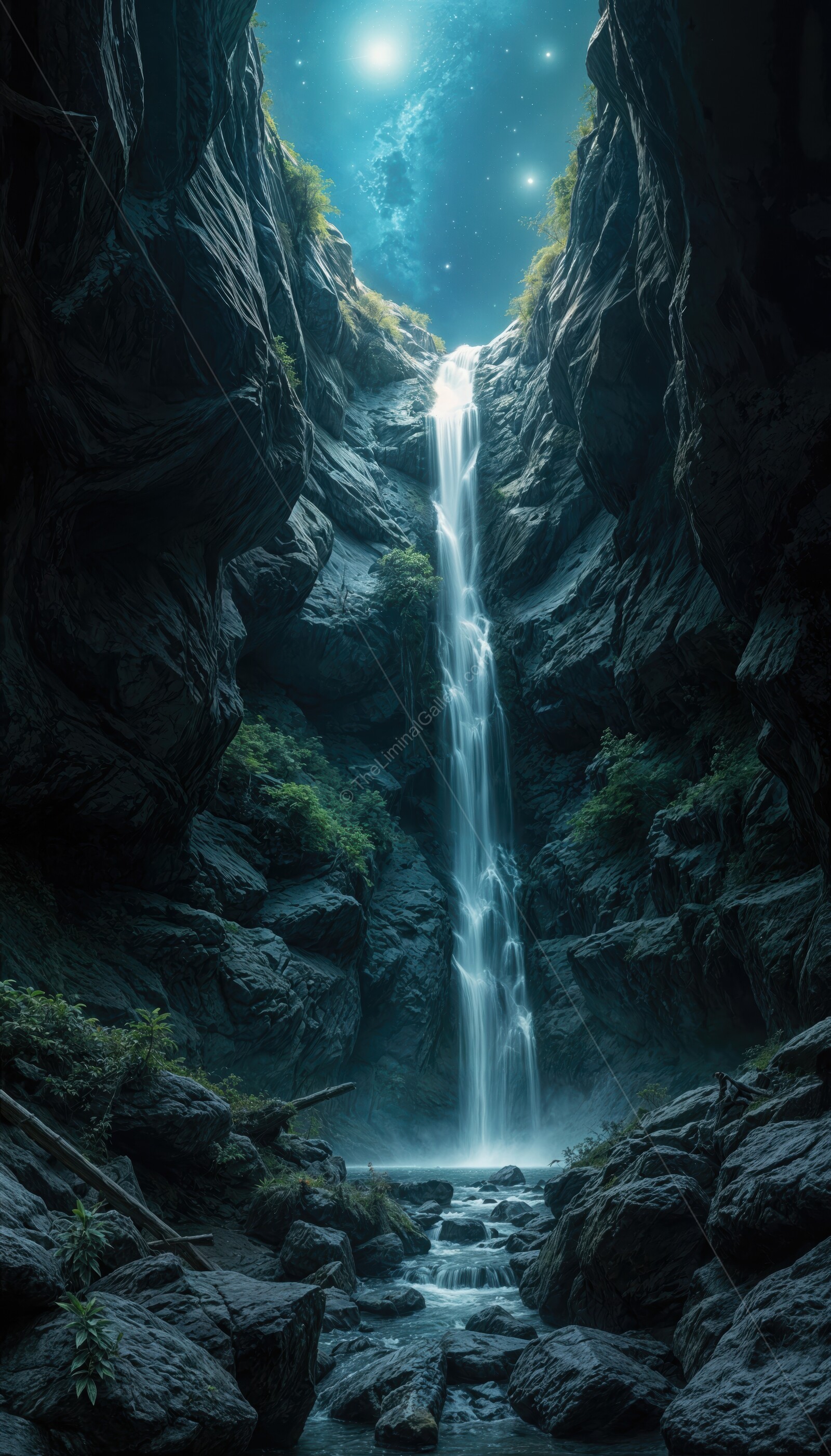 Majestic waterfall cascading down rocky cavern under a starry sky at twilight