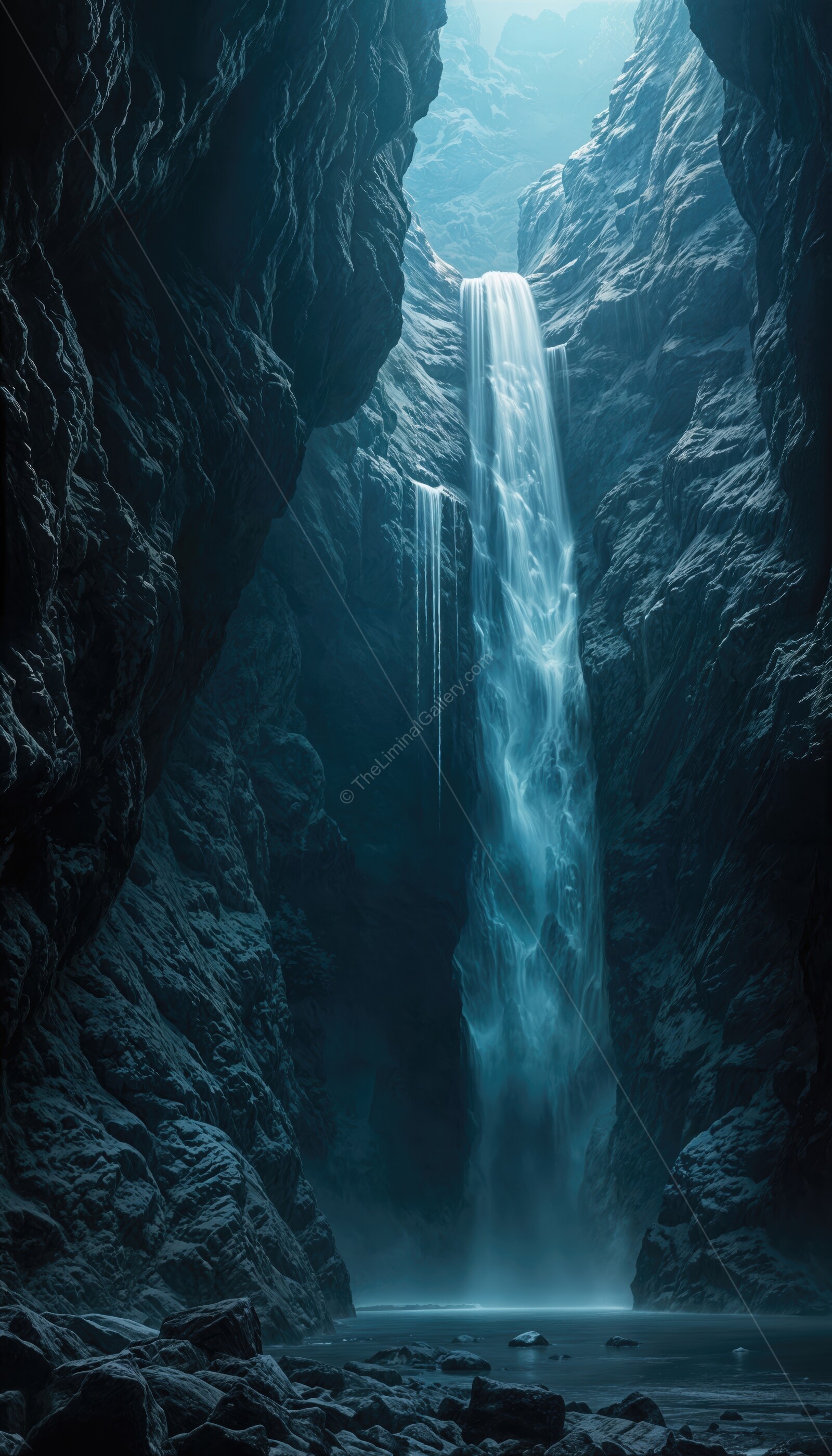 Majestic waterfall cascades through the enchanting cavern at dusk, illuminating the cool, misty cave