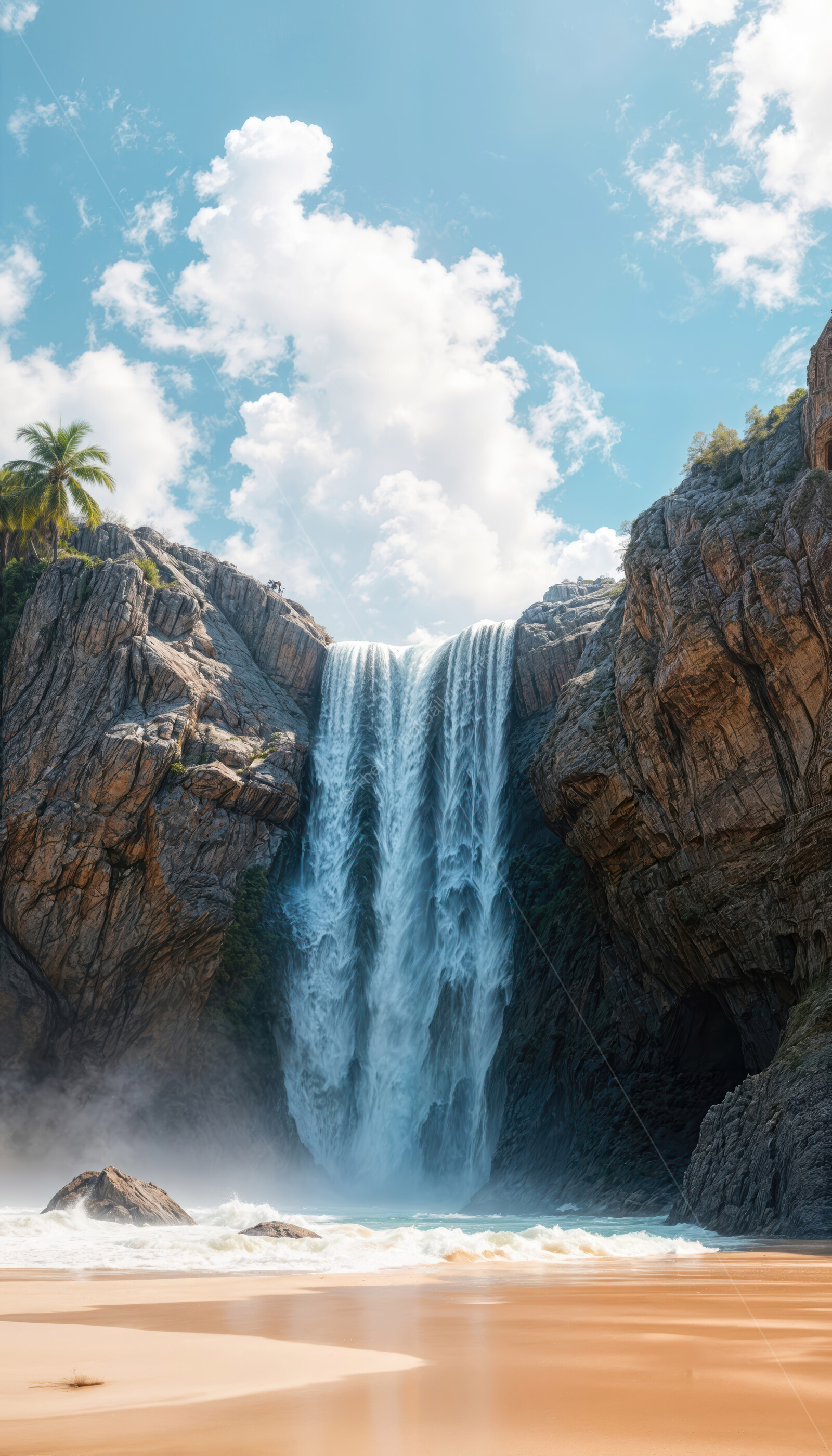 Surreal waterfall cascading into serene coastal beach under a clear blue sky