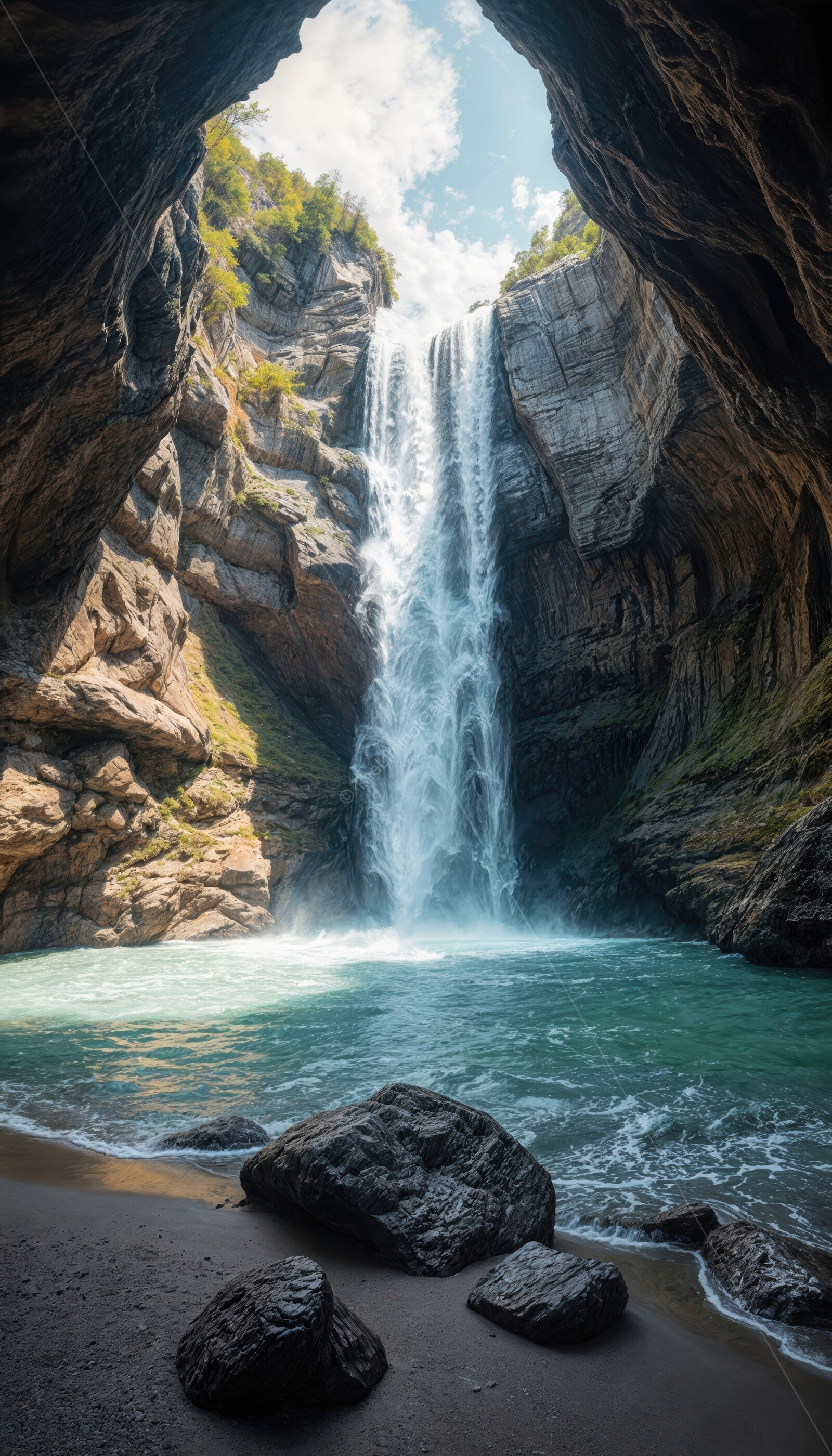 Beautiful waterfall cascades into serene turquoise pool at sunset on coastal beach