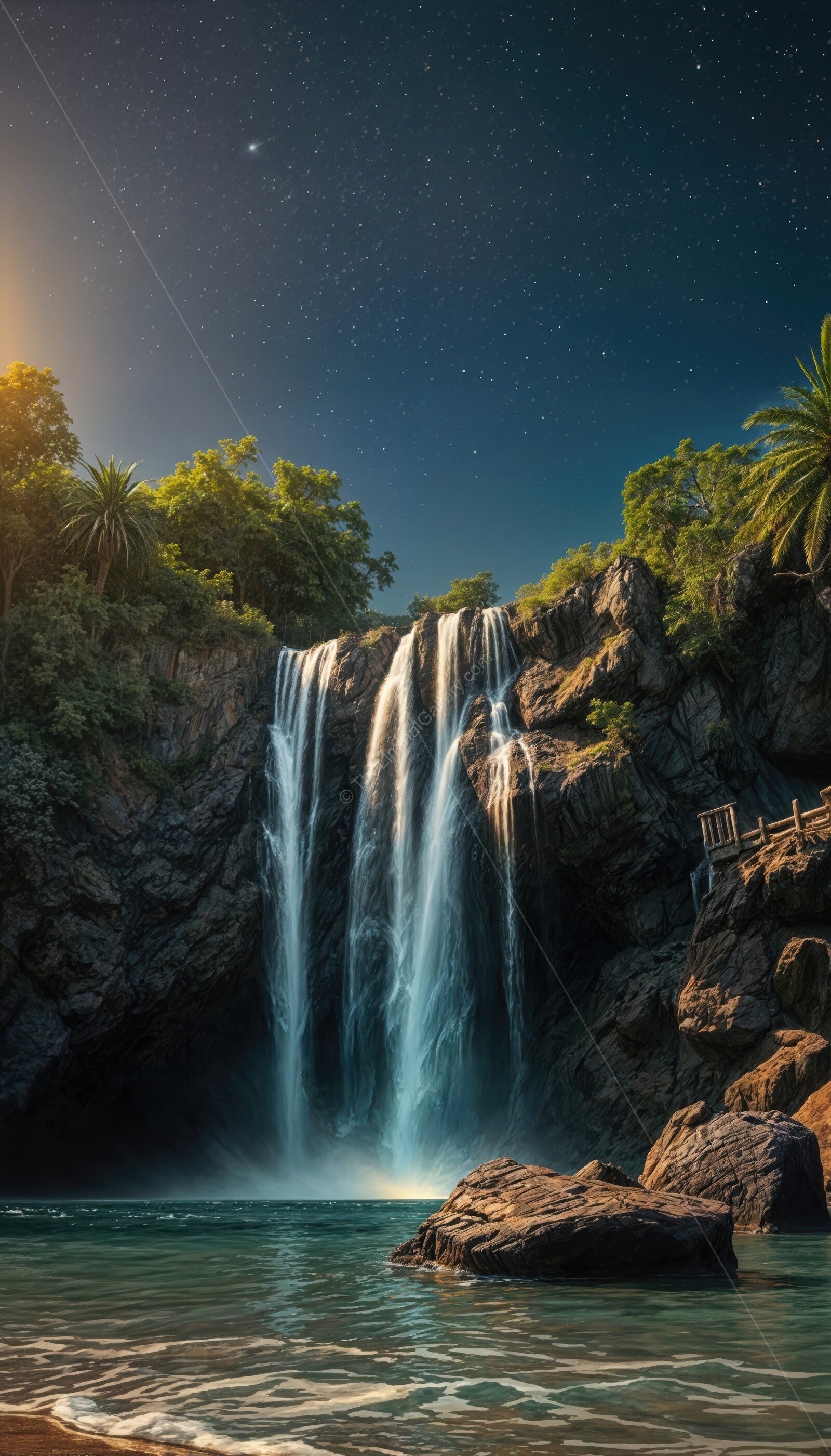 Local waterfall cascades into a serene coastal beach under a starlit sky at dusk