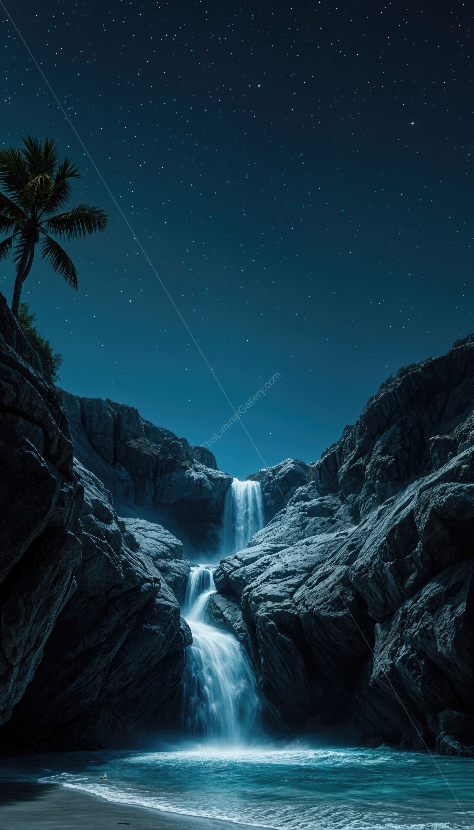 Majestic waterfall cascading under a starry sky on a tranquil coastal beach