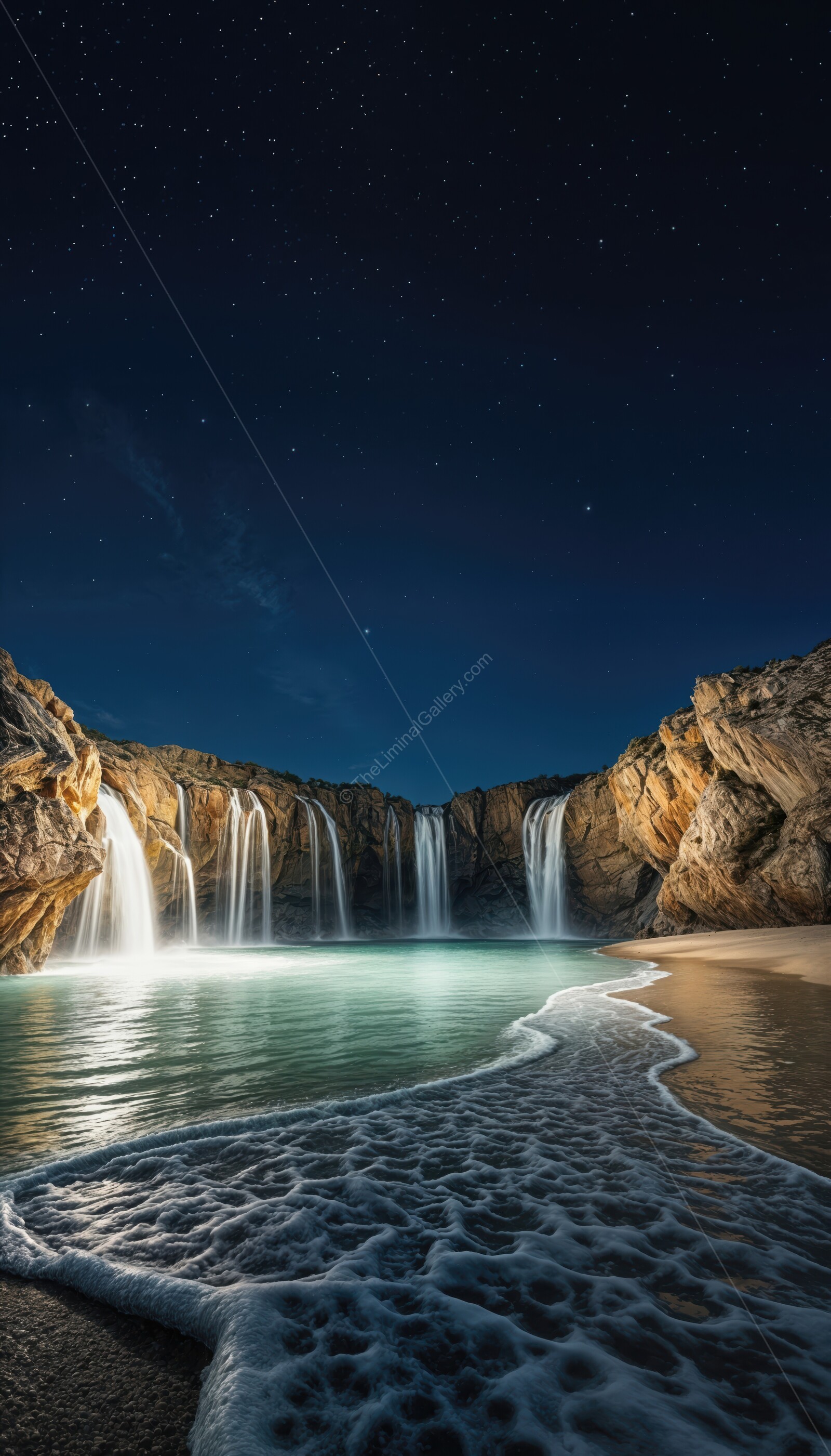 Breathtaking coastal waterfall cascading into a serene beach under a starlit sky