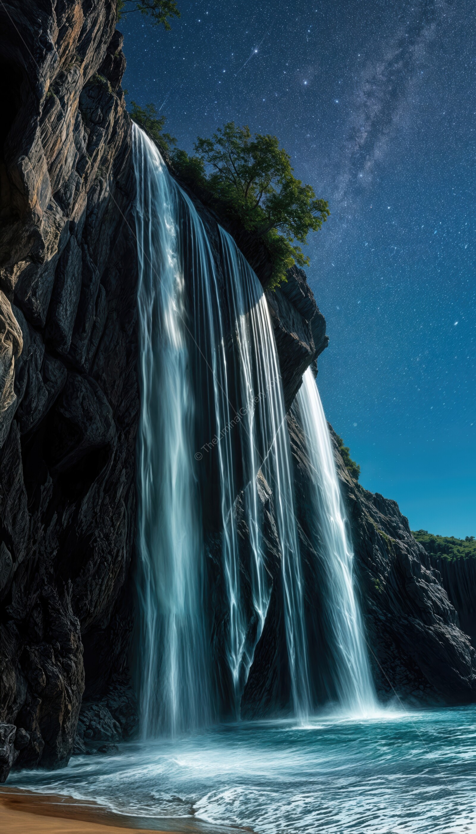 Liminal waterfall cascading onto a serene coastal beach at twilight
