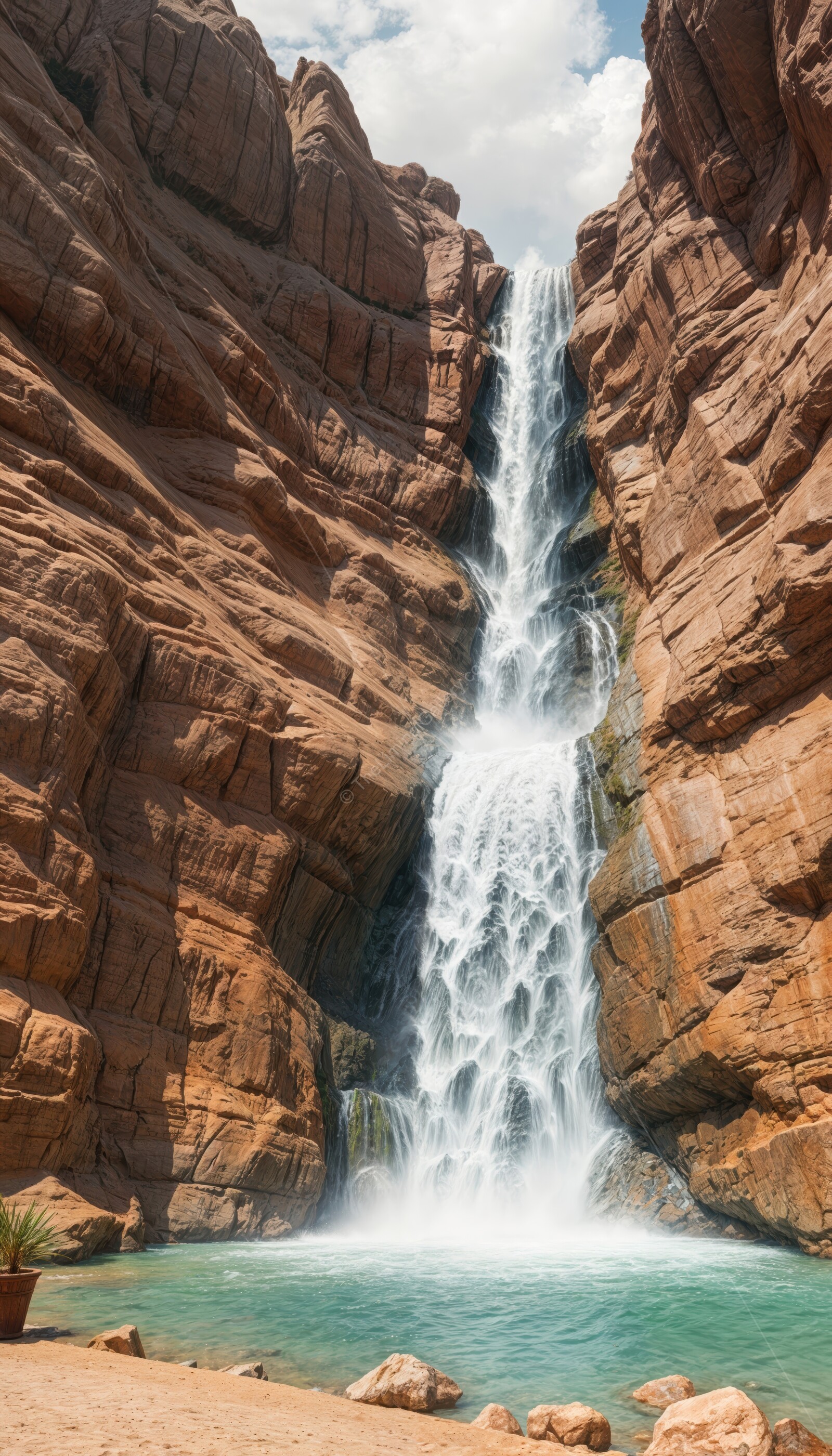 Oasis waterfall cascading down red rock cliffs at a desert oasis under bright blue skies