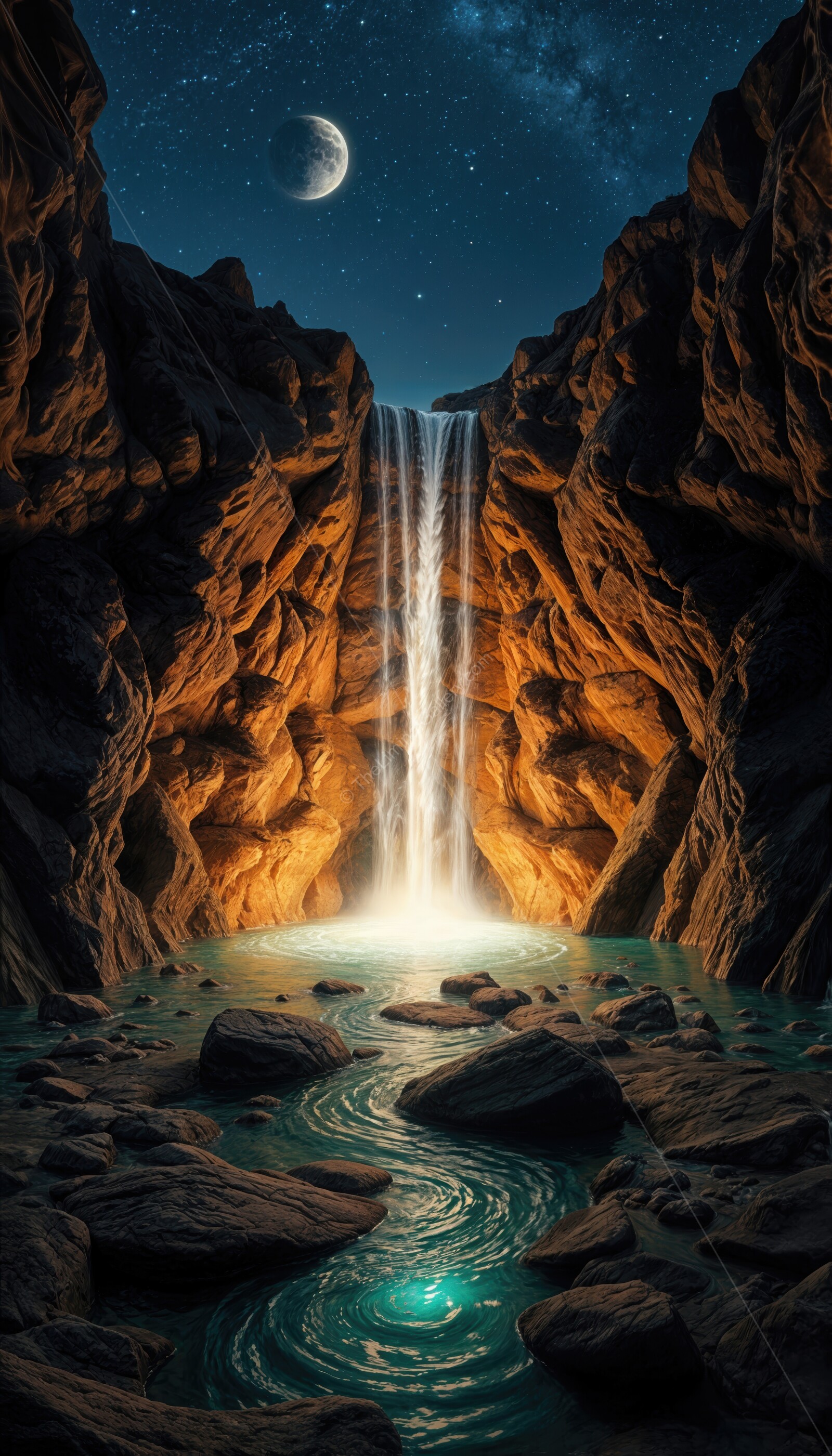 Enchanting waterfall cascades in a desert oasis under a starry night sky