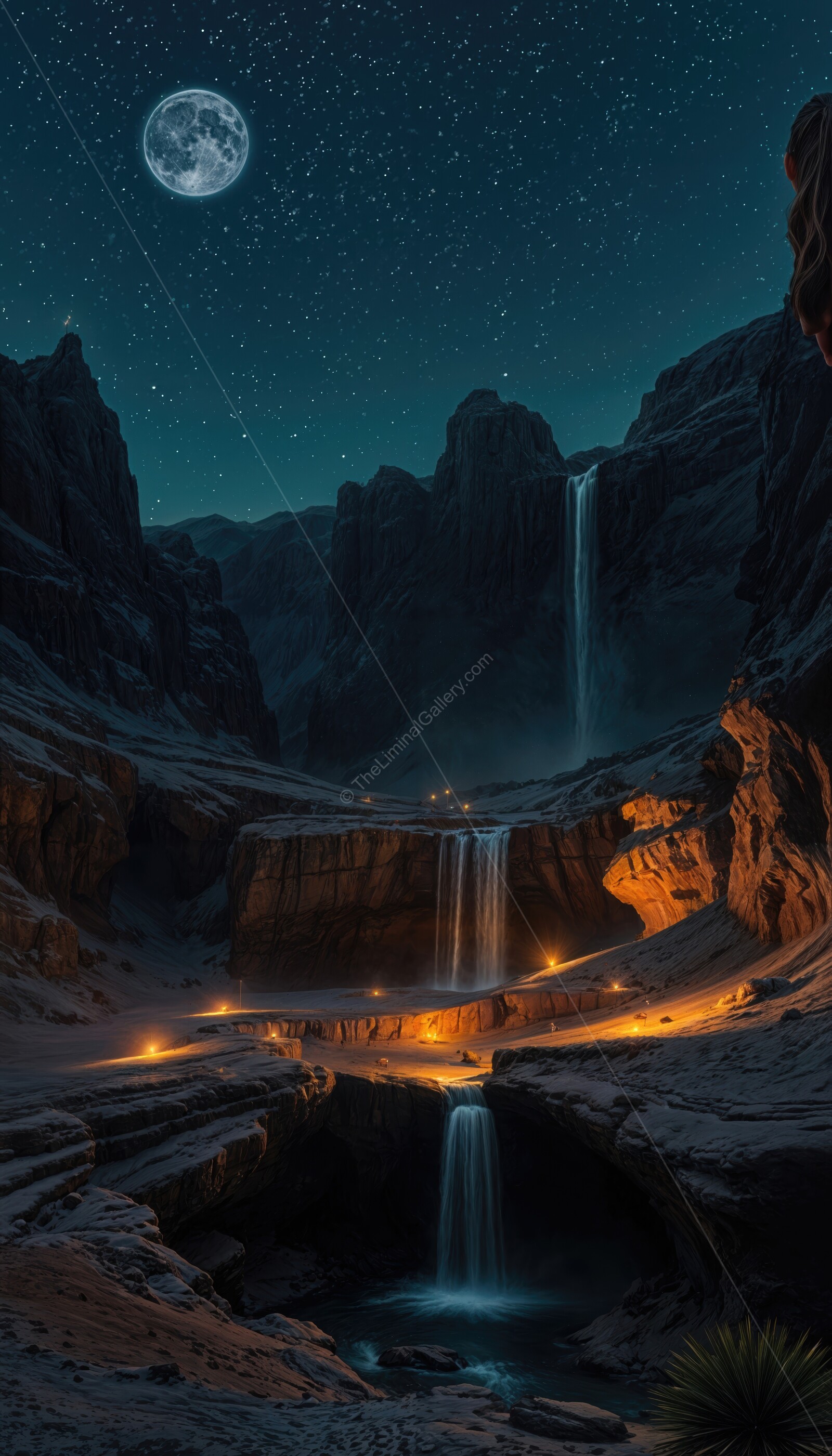 Captivating night at a desert oasis with waterfalls and starlit skies