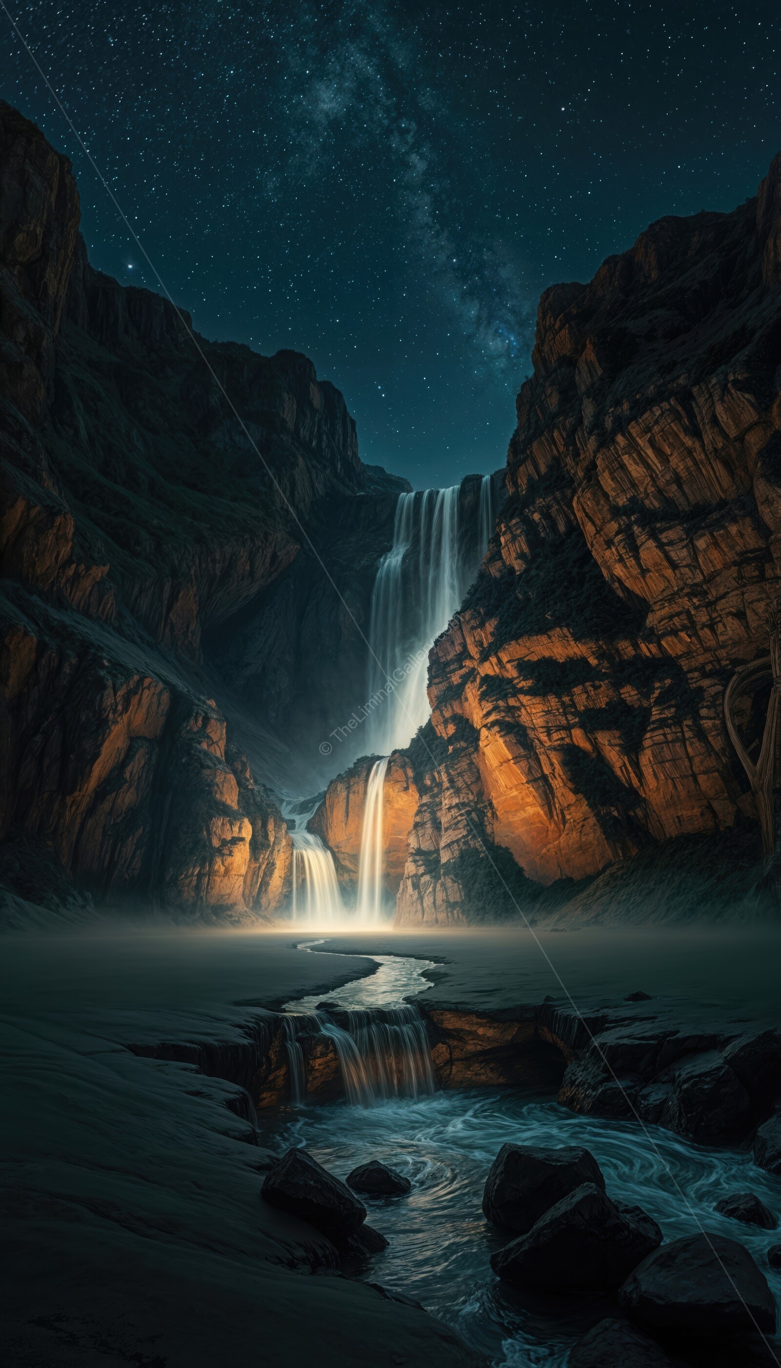Majestic waterfall cascading in a desert oasis under a starry night sky