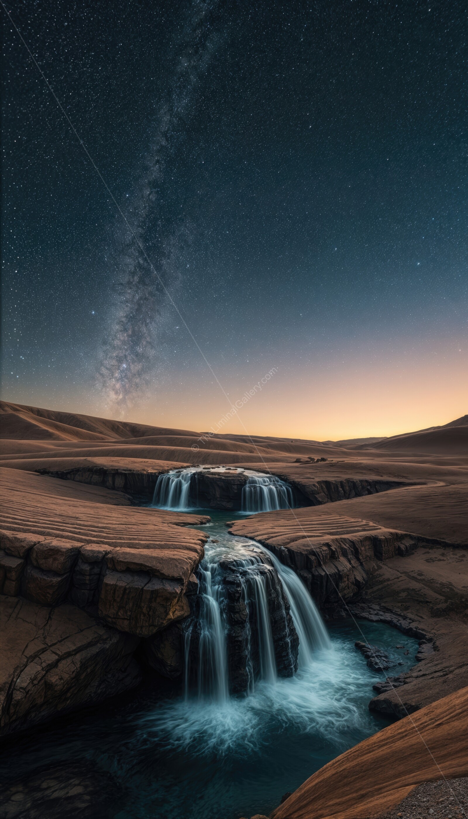 Majestic waterfall cascading through a desert oasis under a starry sky at twilight