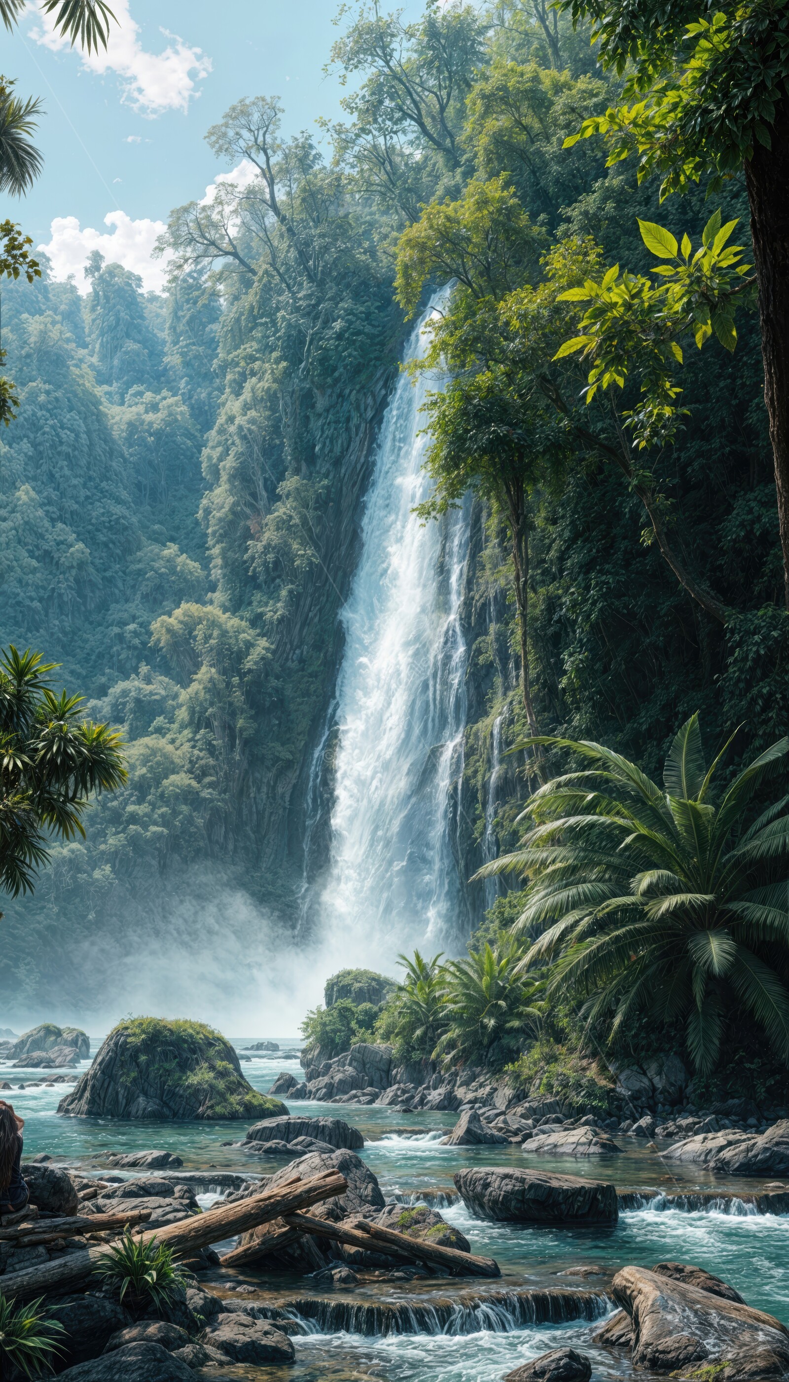 Exploring a mesmerizing waterfall amidst lush jungle greenery on a bright sunny day