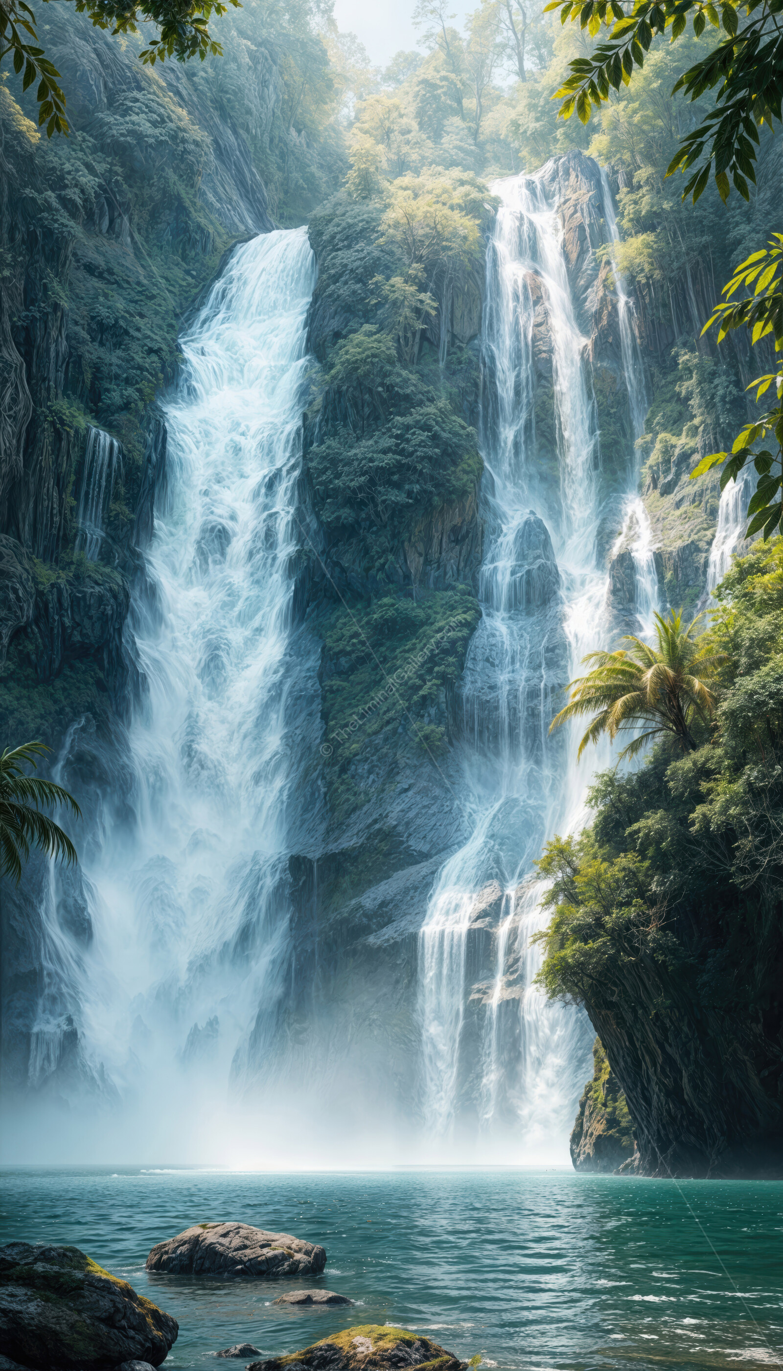 Exploring a breathtaking waterfall in a lush jungle with serene waters beneath bright sunlight