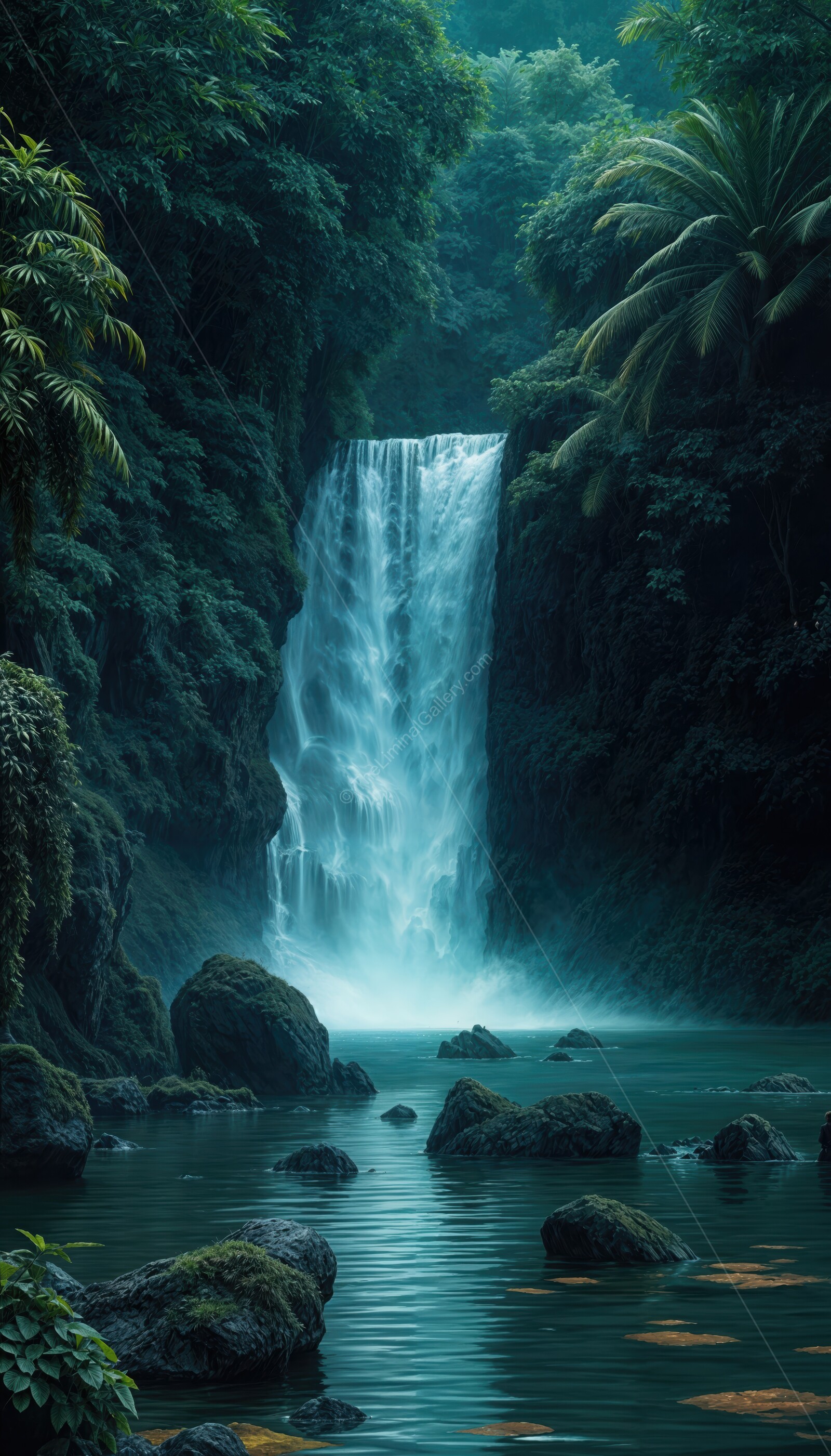 Exploring the hidden beauty of a lush jungle waterfall at dawn with serene waters and vibrant foliage