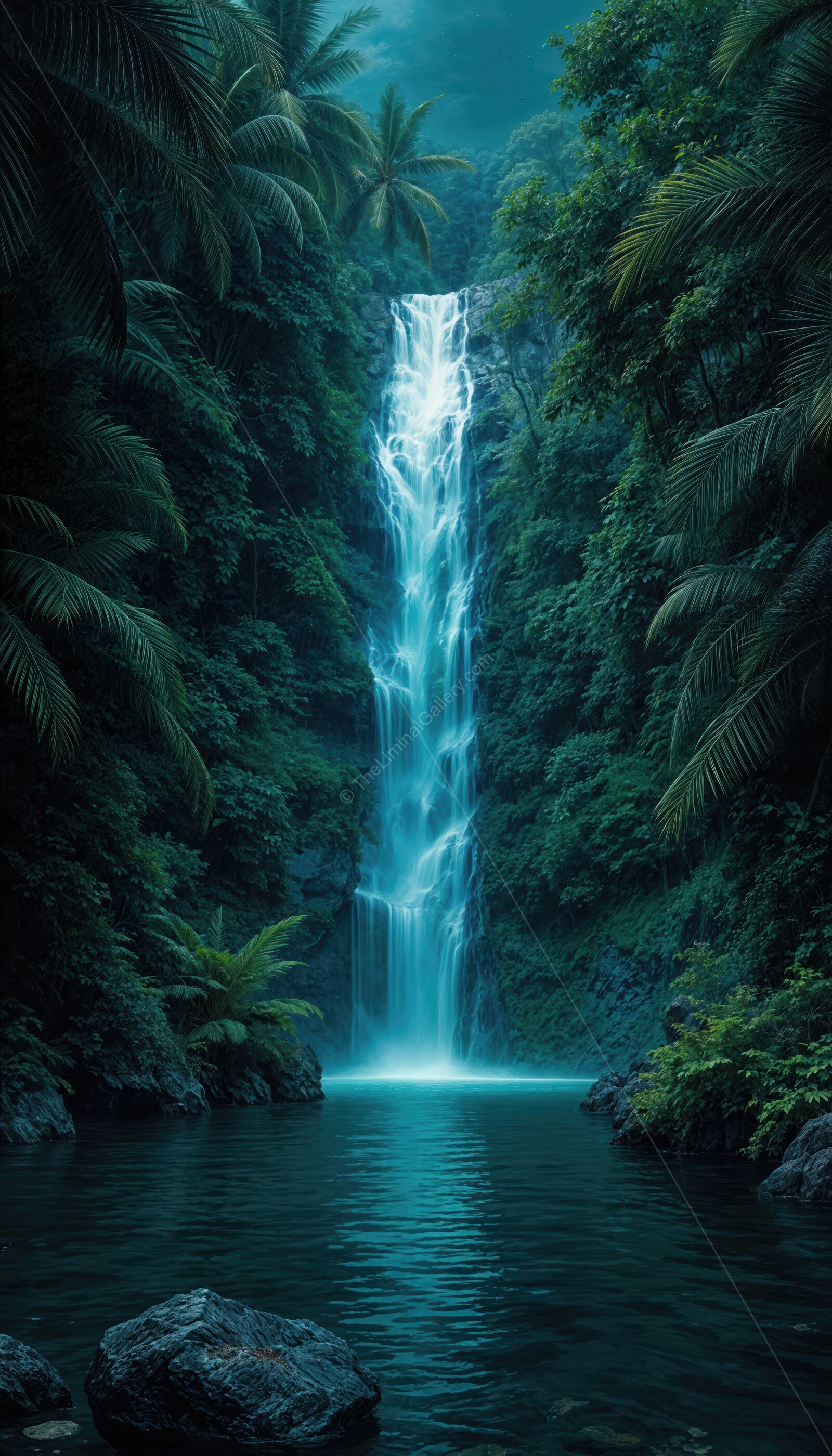 Serene waterfall cascades through lush jungle foliage at twilight, revealing nature's hidden oasis