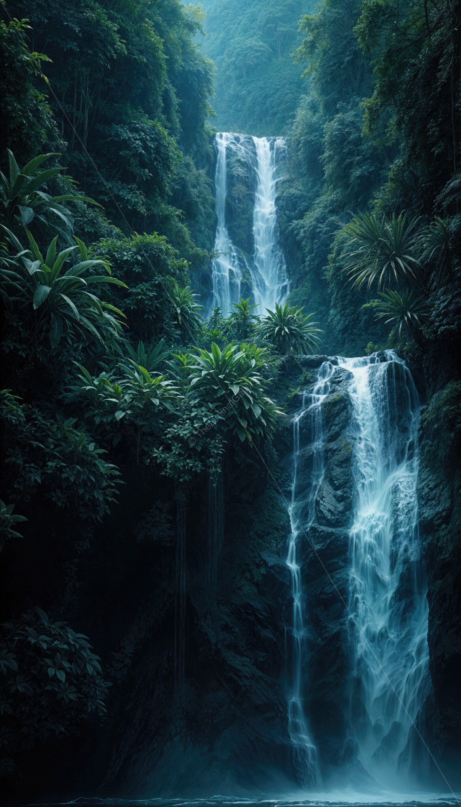 Discovering serenity in a lush secret waterfall oasis during a mystical twilight hour