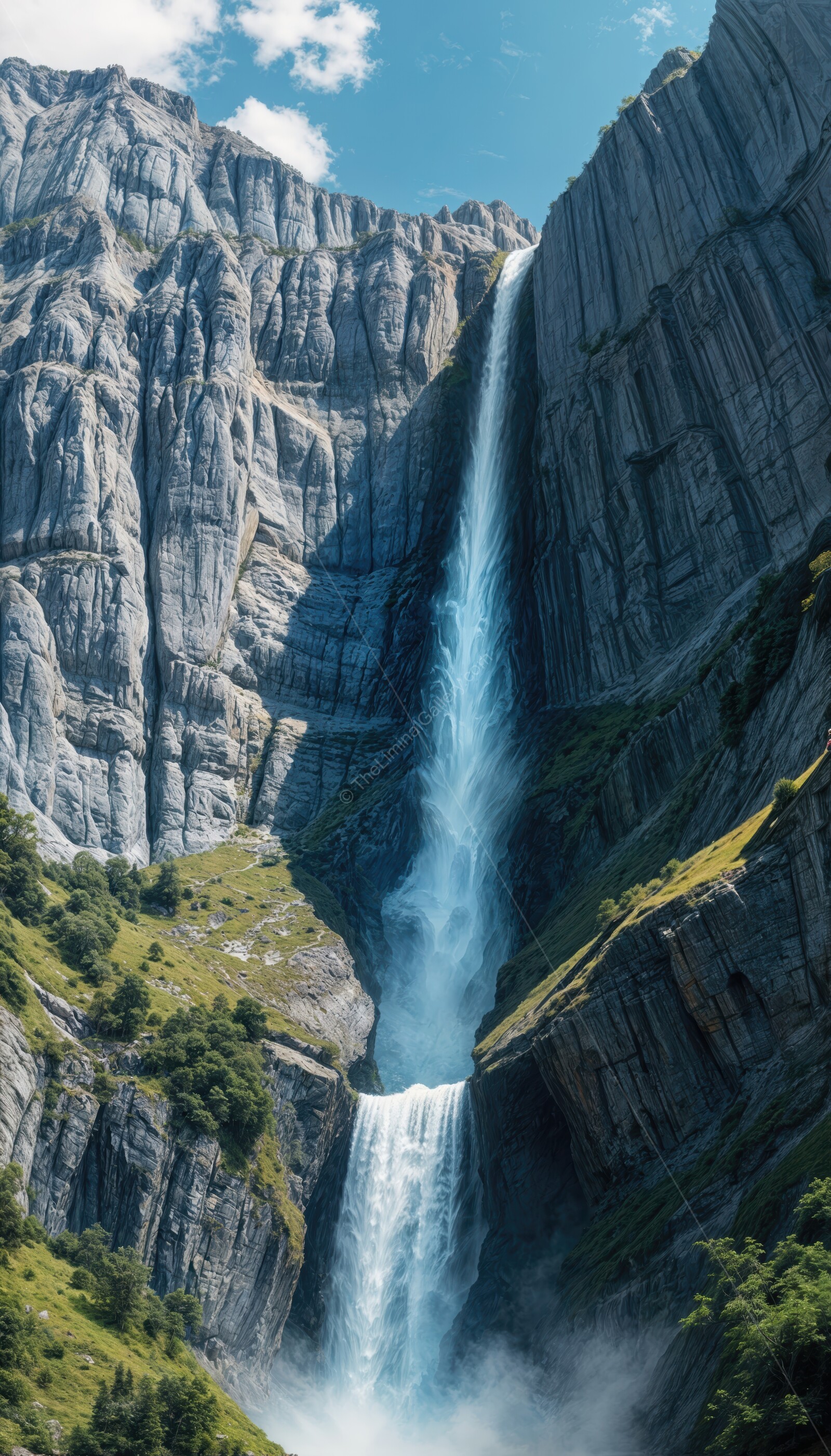 Tall waterfall cascading between towering mountains capturing the essence of nature's beauty