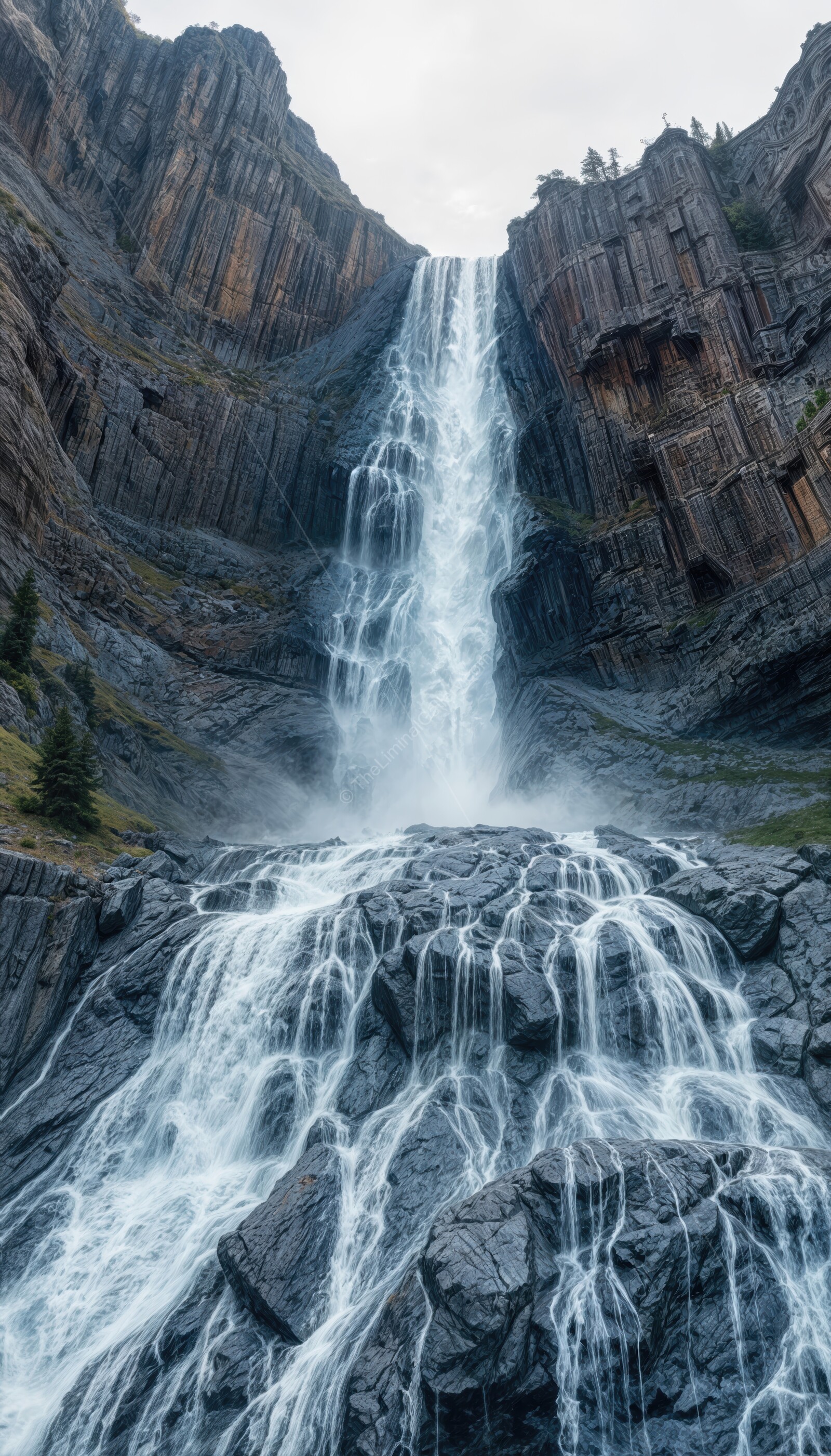 Majestic cascade of a waterfall surrounded by towering mountains on a misty day
