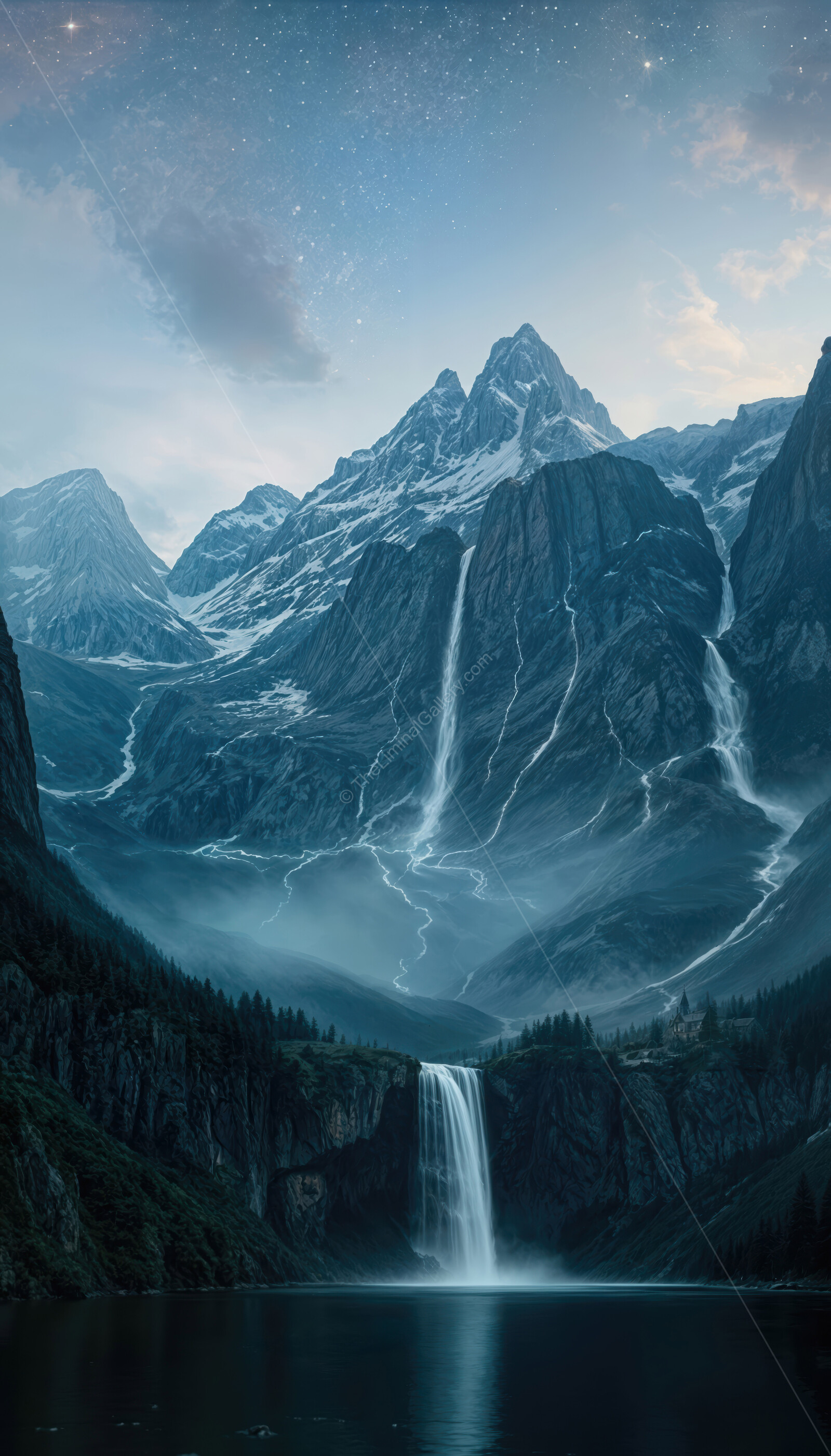 Liminal waterfall cascades down rugged mountains under a twilight sky
