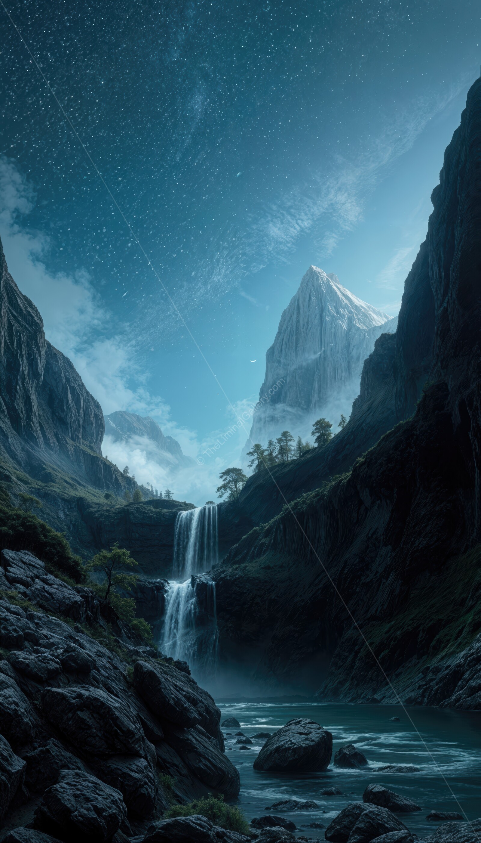 Amazing waterfall cascading through rocky mountains under a star-lit sky at midnight