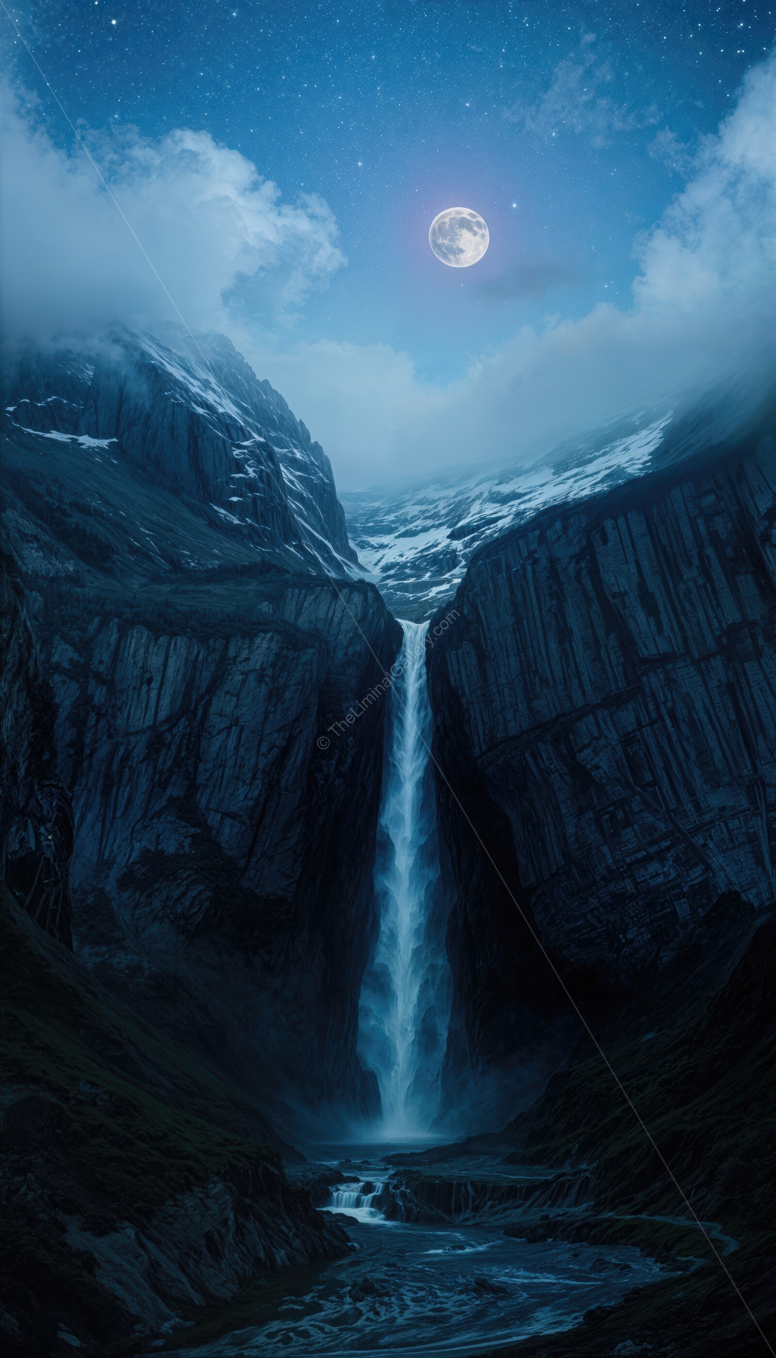 Enchanting waterfall under a full moon illuminating majestic mountain landscape