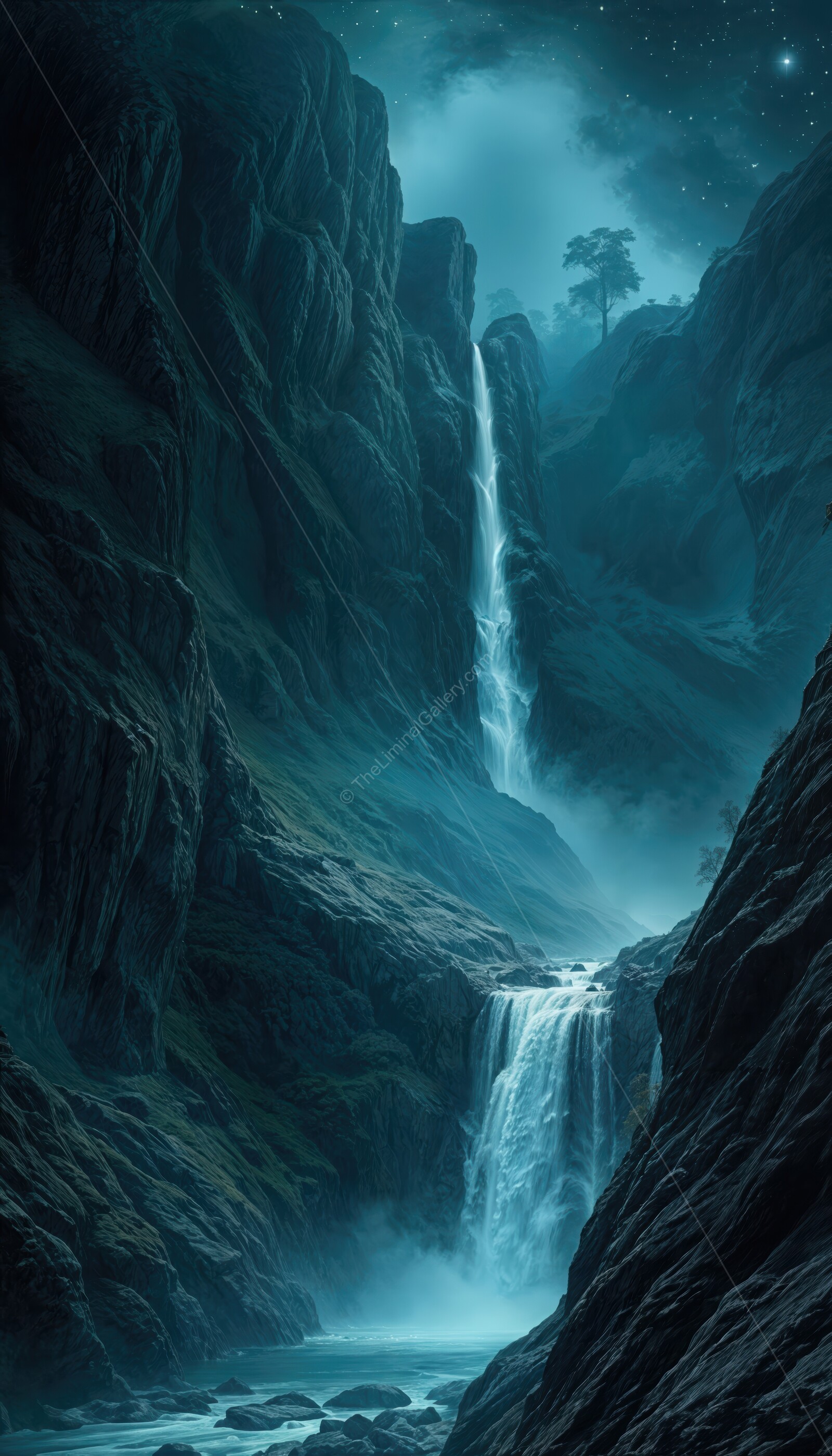 Mesmerizing waterfall cascading down a mountain surrounded by mystical mist and moonlight