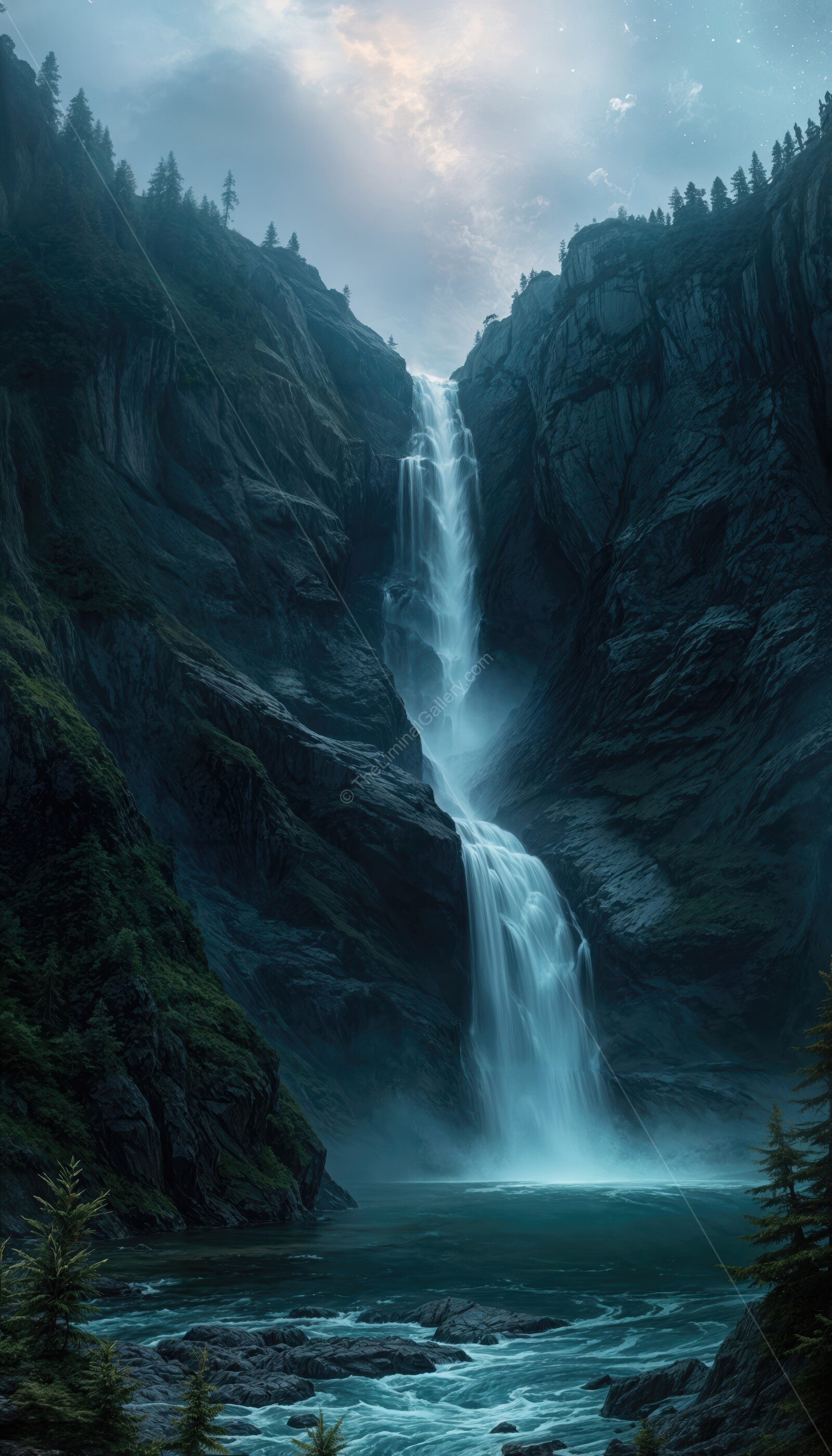 Water cascades elegantly over a rugged mountain backdrop under a twilight sky