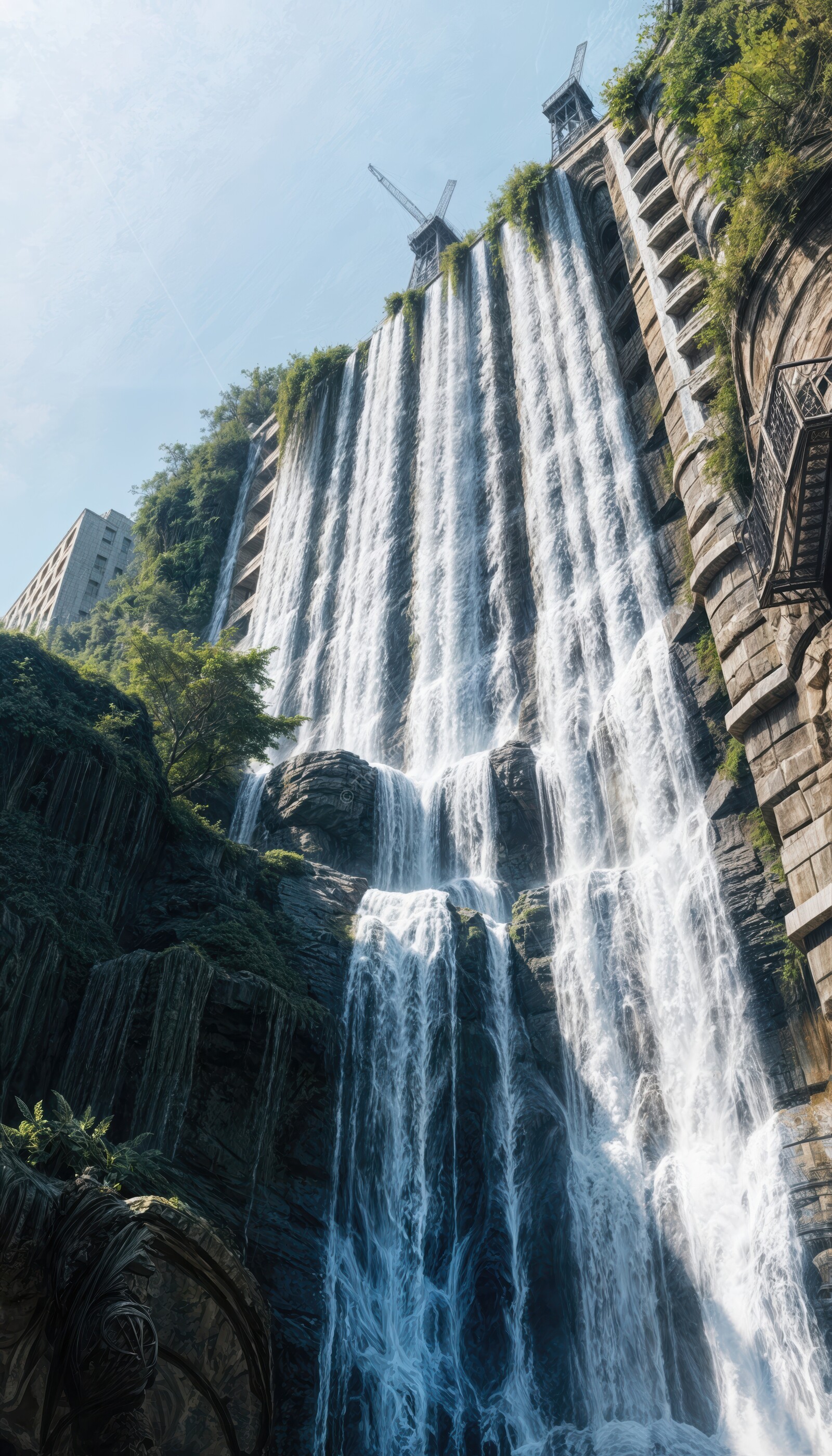 Cascading waterfall flows amidst urban architecture under a clear blue sky in a vibrant city setting