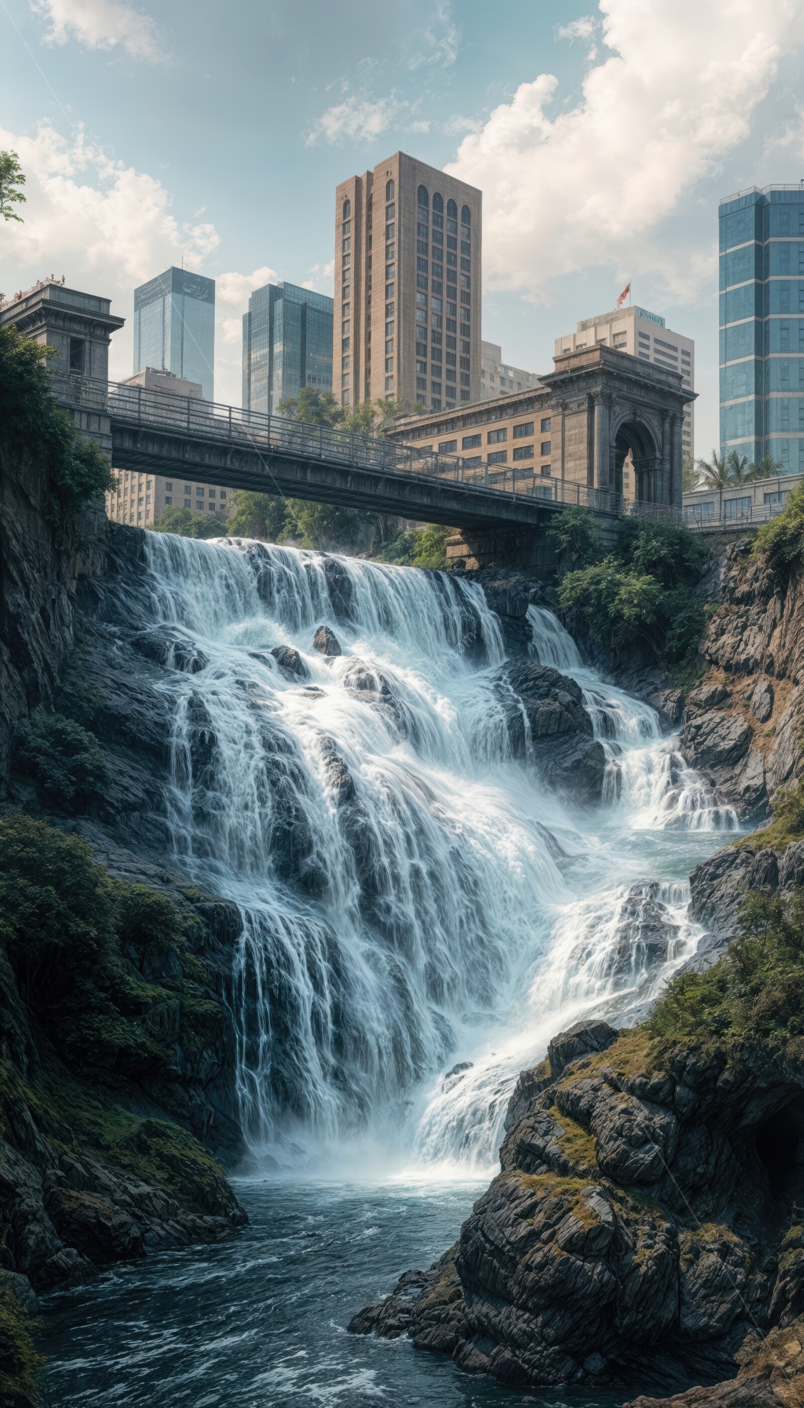 Urban waterfall oasis flows beneath skyscrapers amidst city life and nature's beauty in a vibrant metropolitan setting
